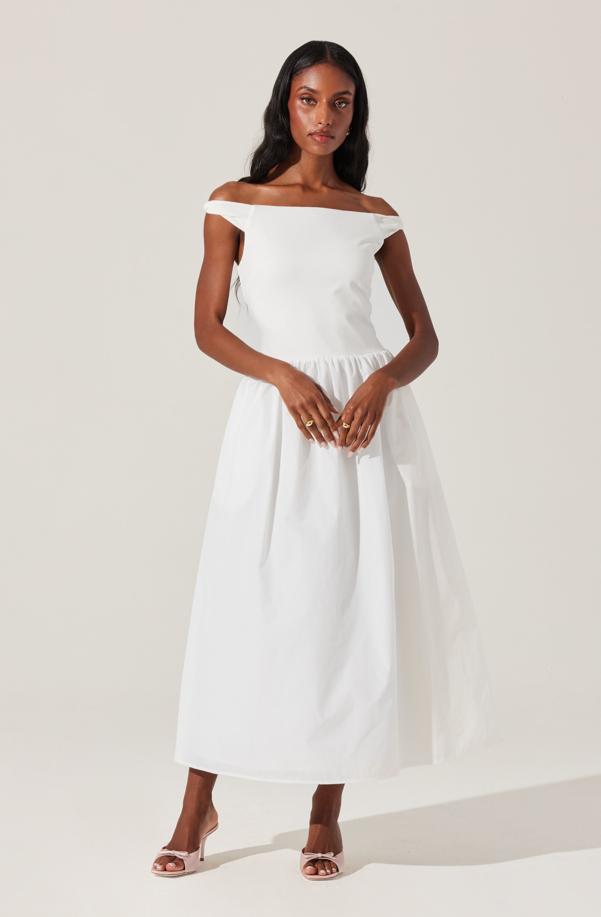 Off Shoulder Poplin Midi Dress-Aljck