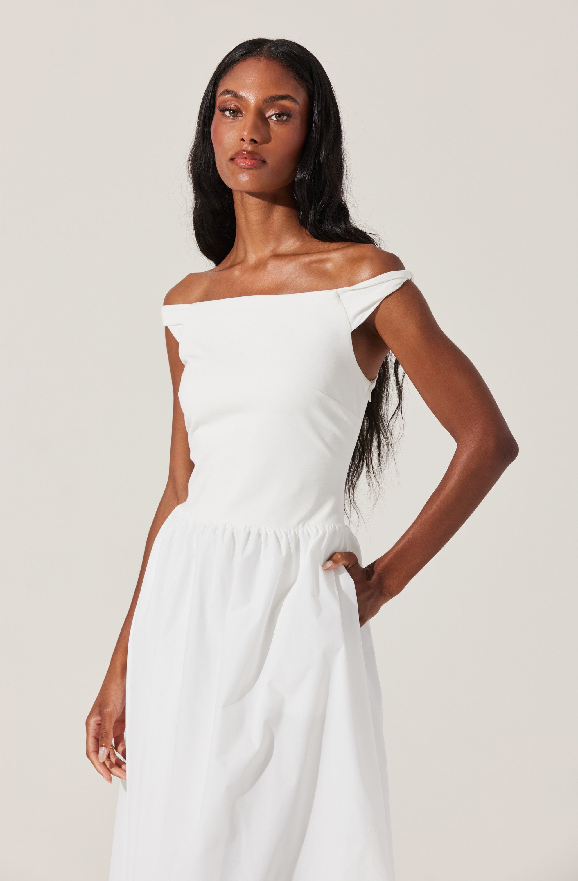 Off Shoulder Poplin Midi Dress-Aljck