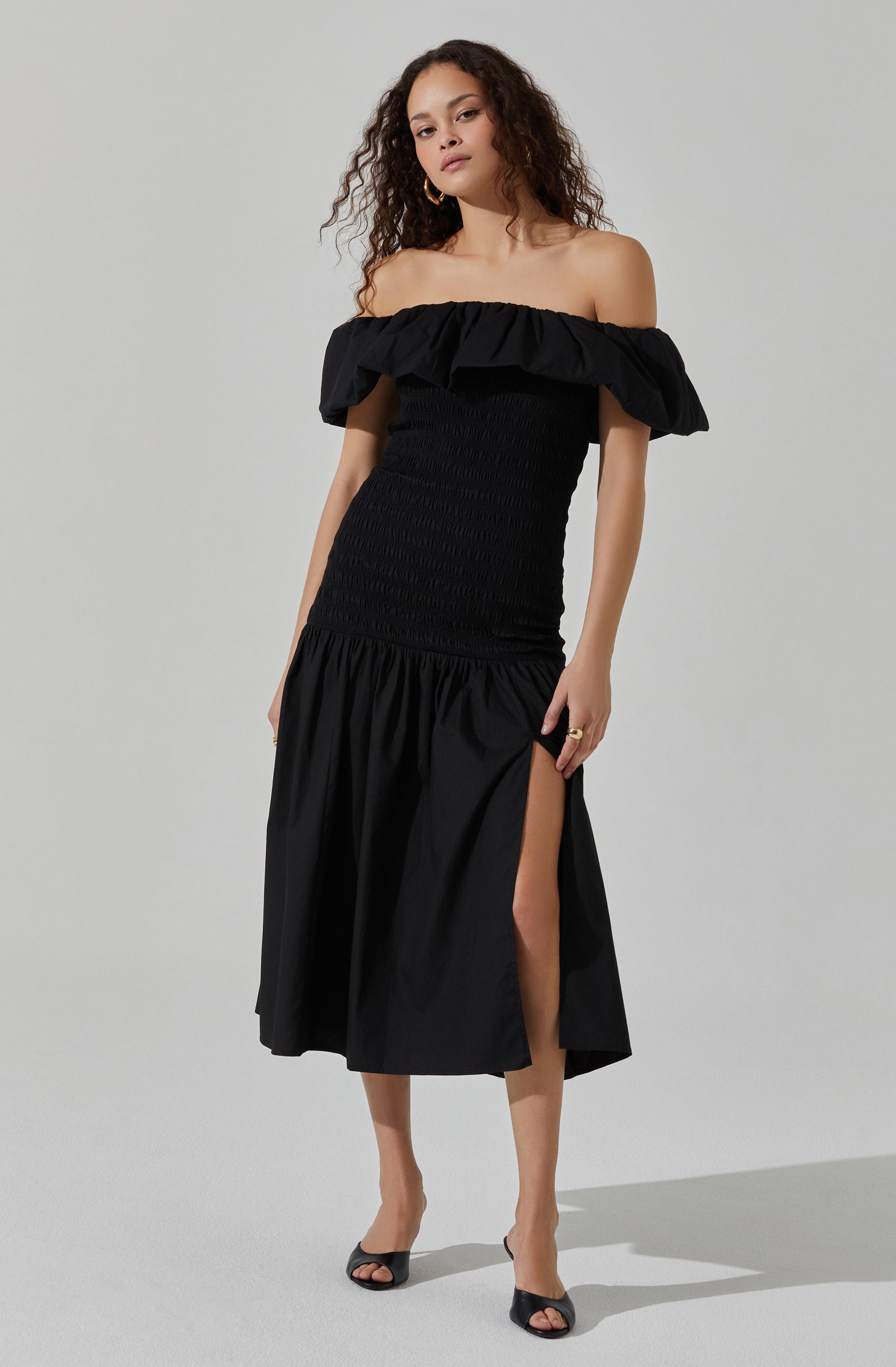 Shirred Off Shoulder Ruffle Dress-Aljck