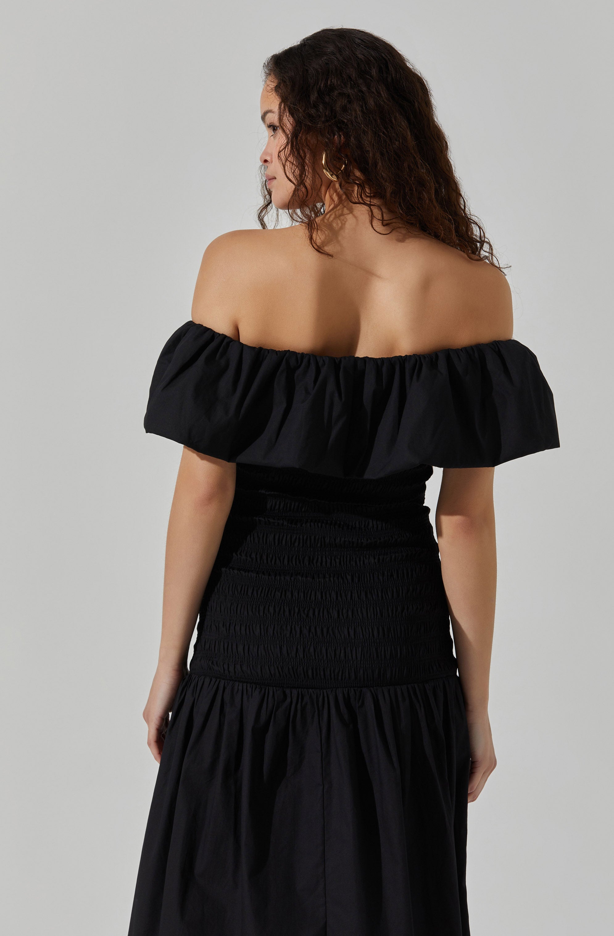Shirred Off Shoulder Ruffle Dress-Aljck