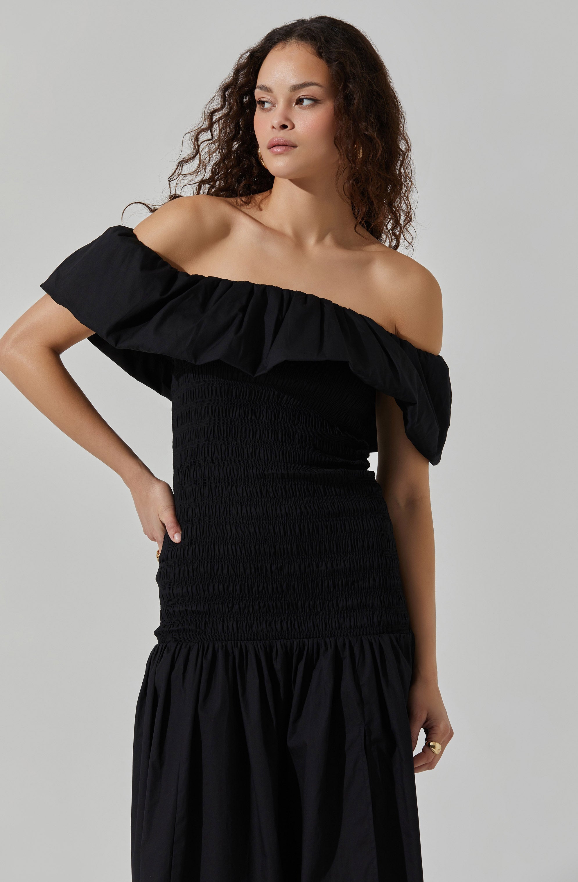 Shirred Off Shoulder Ruffle Dress-Aljck