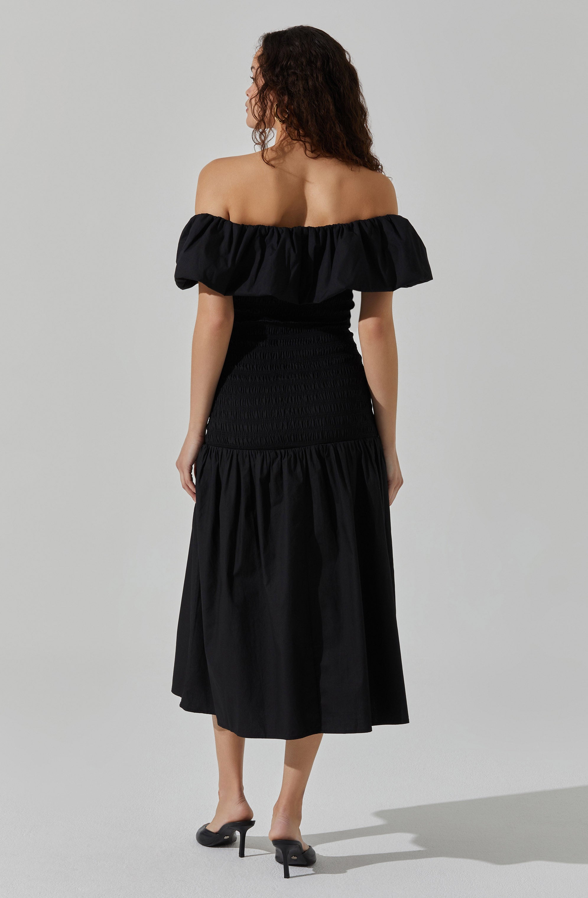 Shirred Off Shoulder Ruffle Dress-Aljck