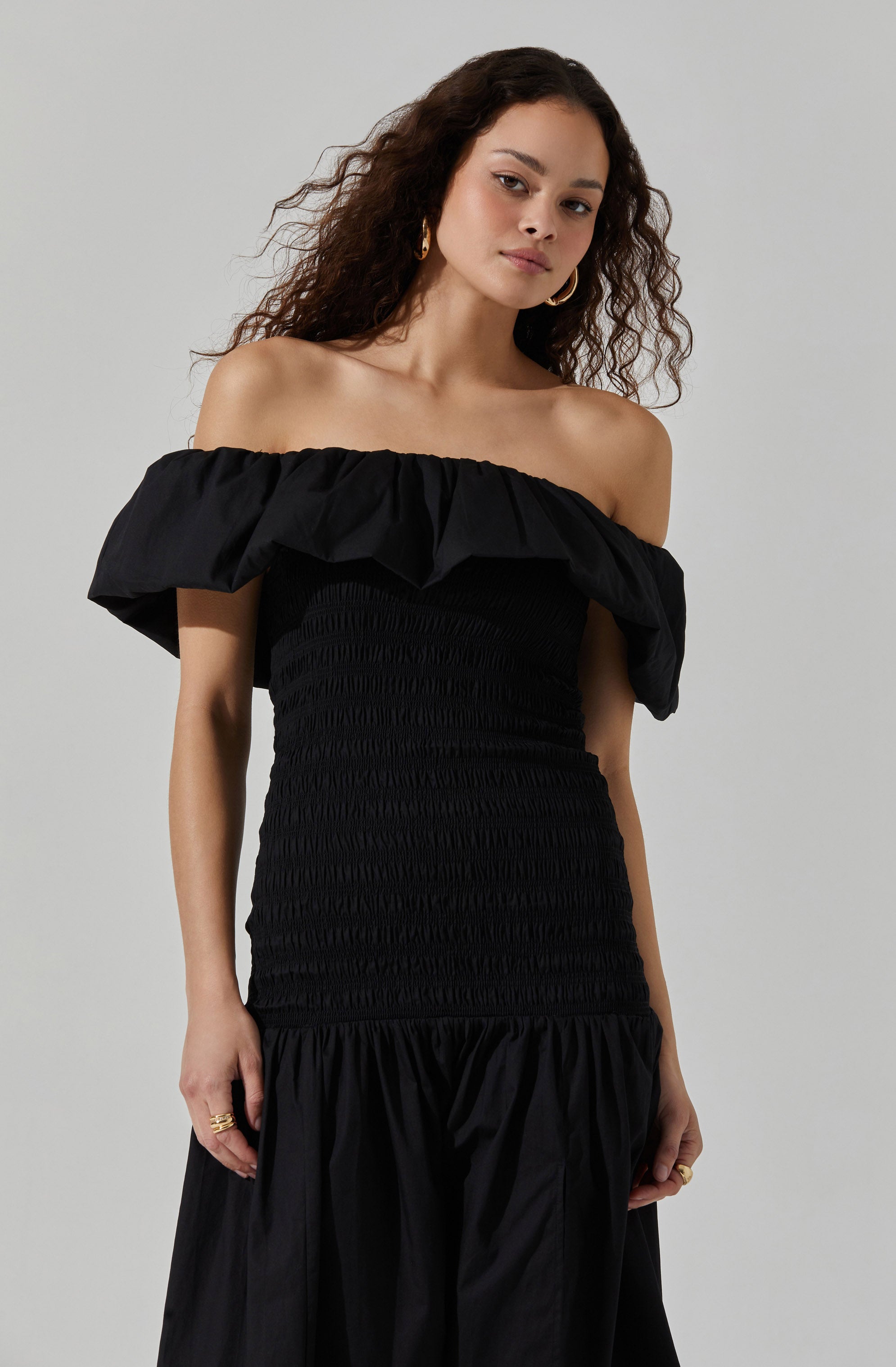 Shirred Off Shoulder Ruffle Dress-Aljck