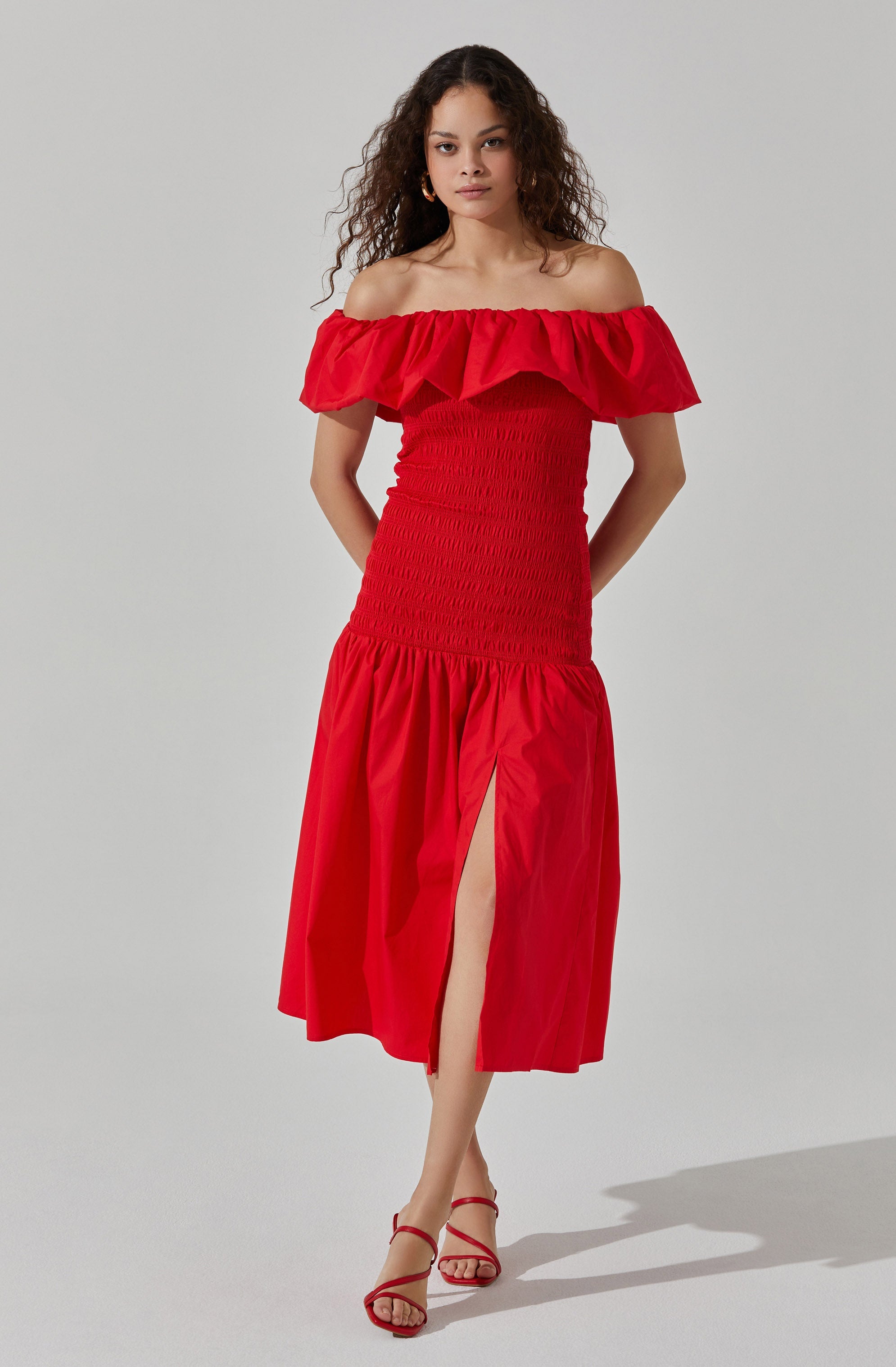 Shirred Off Shoulder Ruffle Dress-Aljck