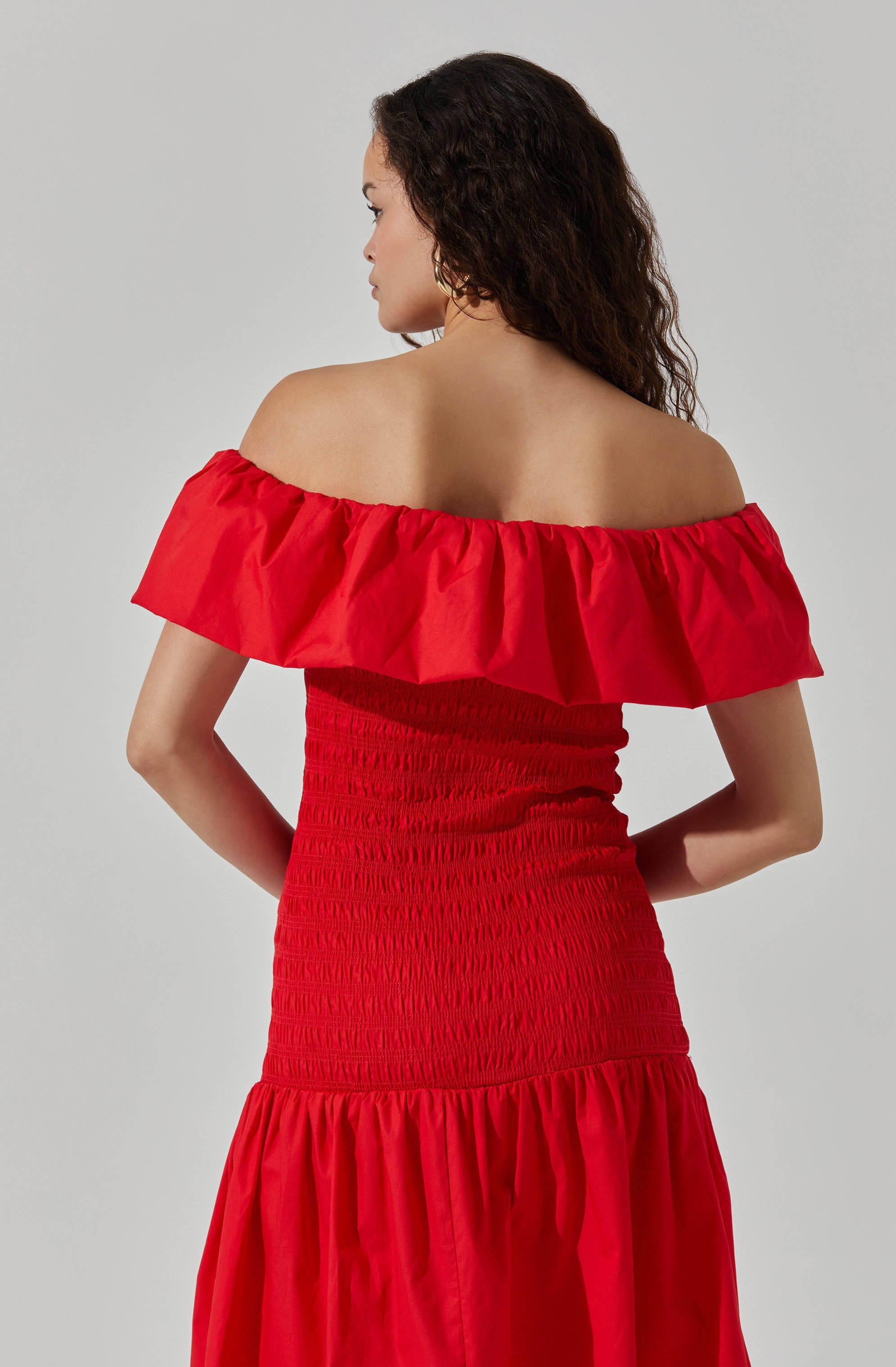 Shirred Off Shoulder Ruffle Dress-Aljck