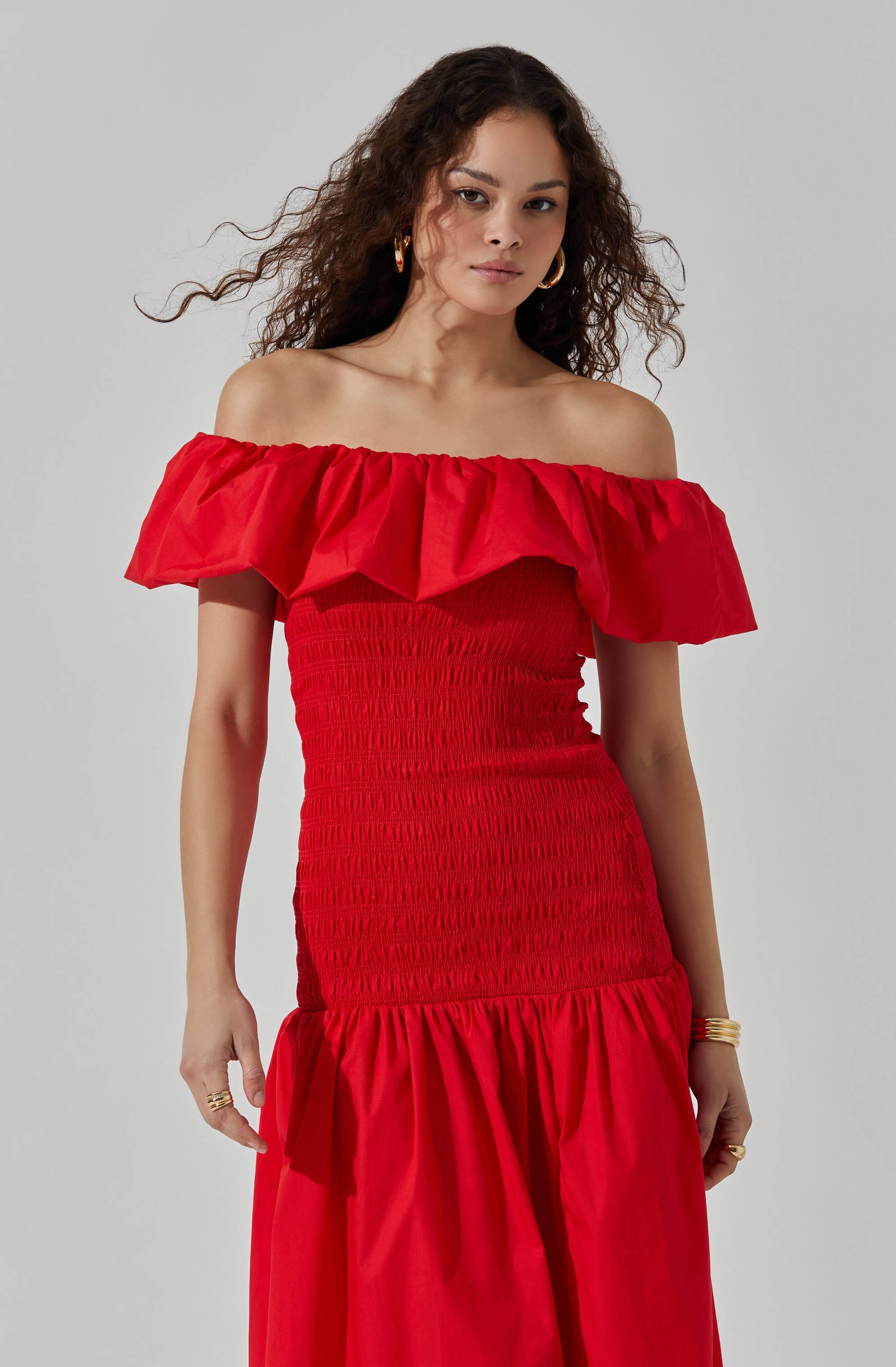 Shirred Off Shoulder Ruffle Dress-Aljck