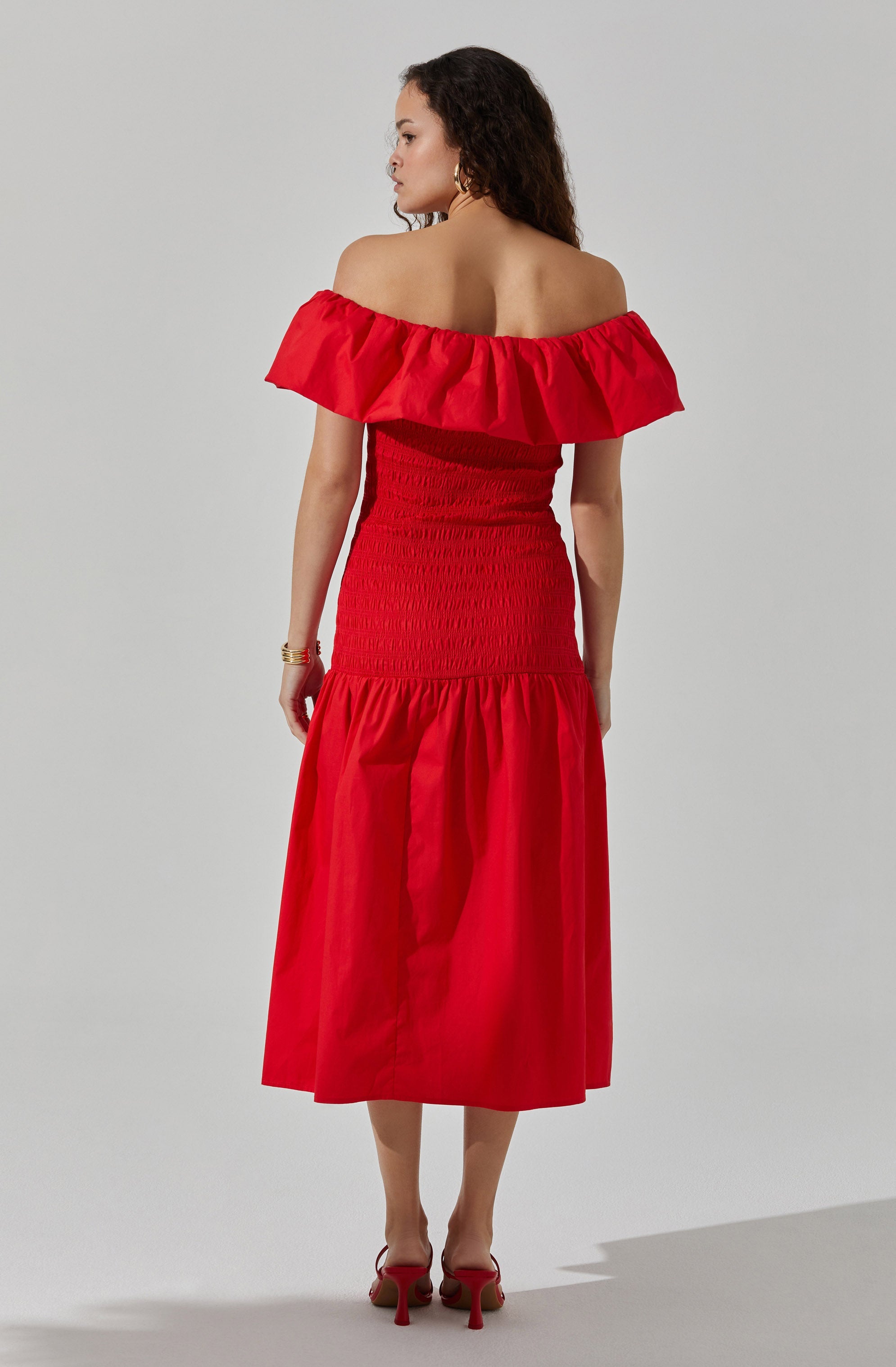 Shirred Off Shoulder Ruffle Dress-Aljck