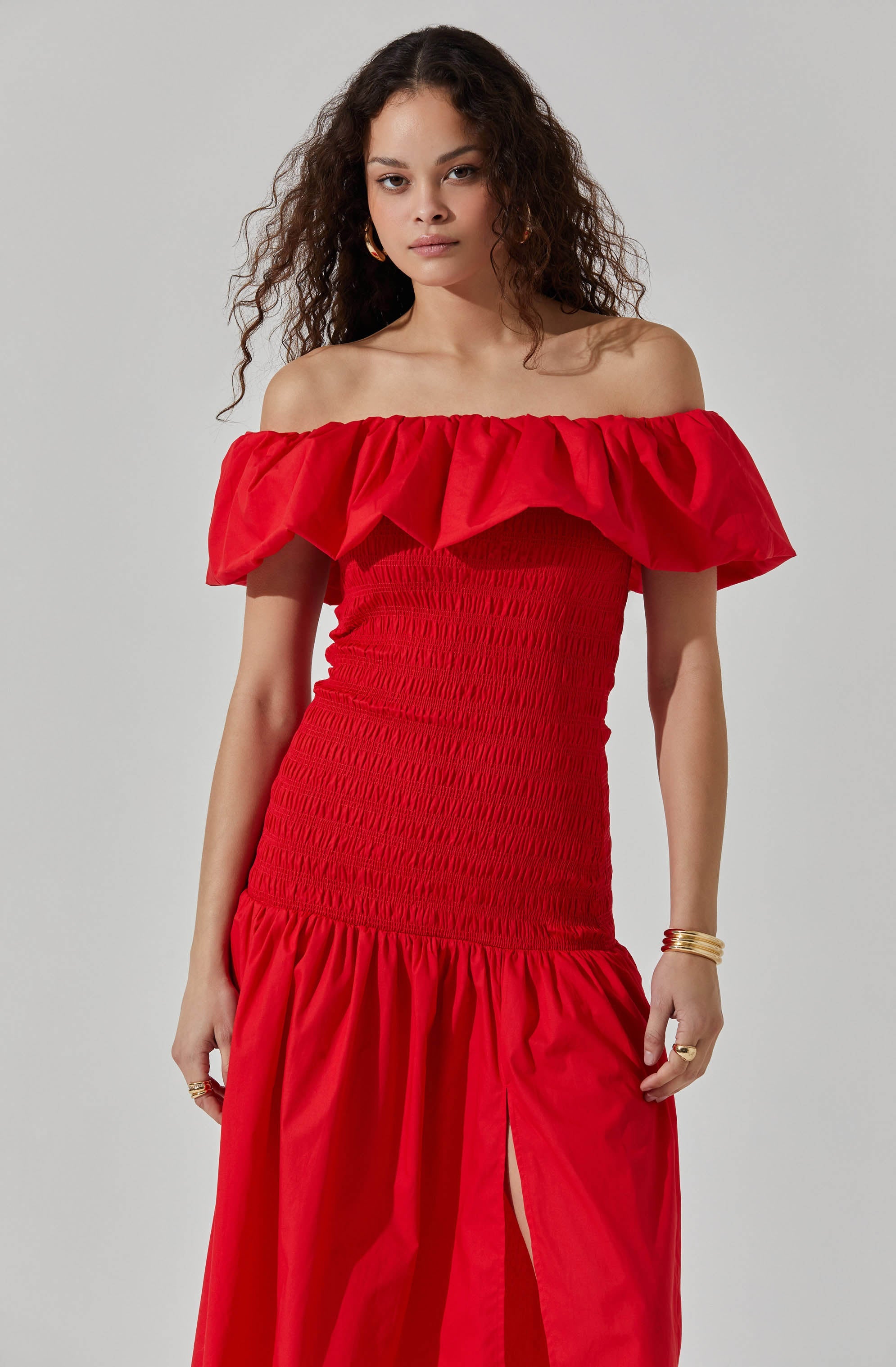 Shirred Off Shoulder Ruffle Dress-Aljck