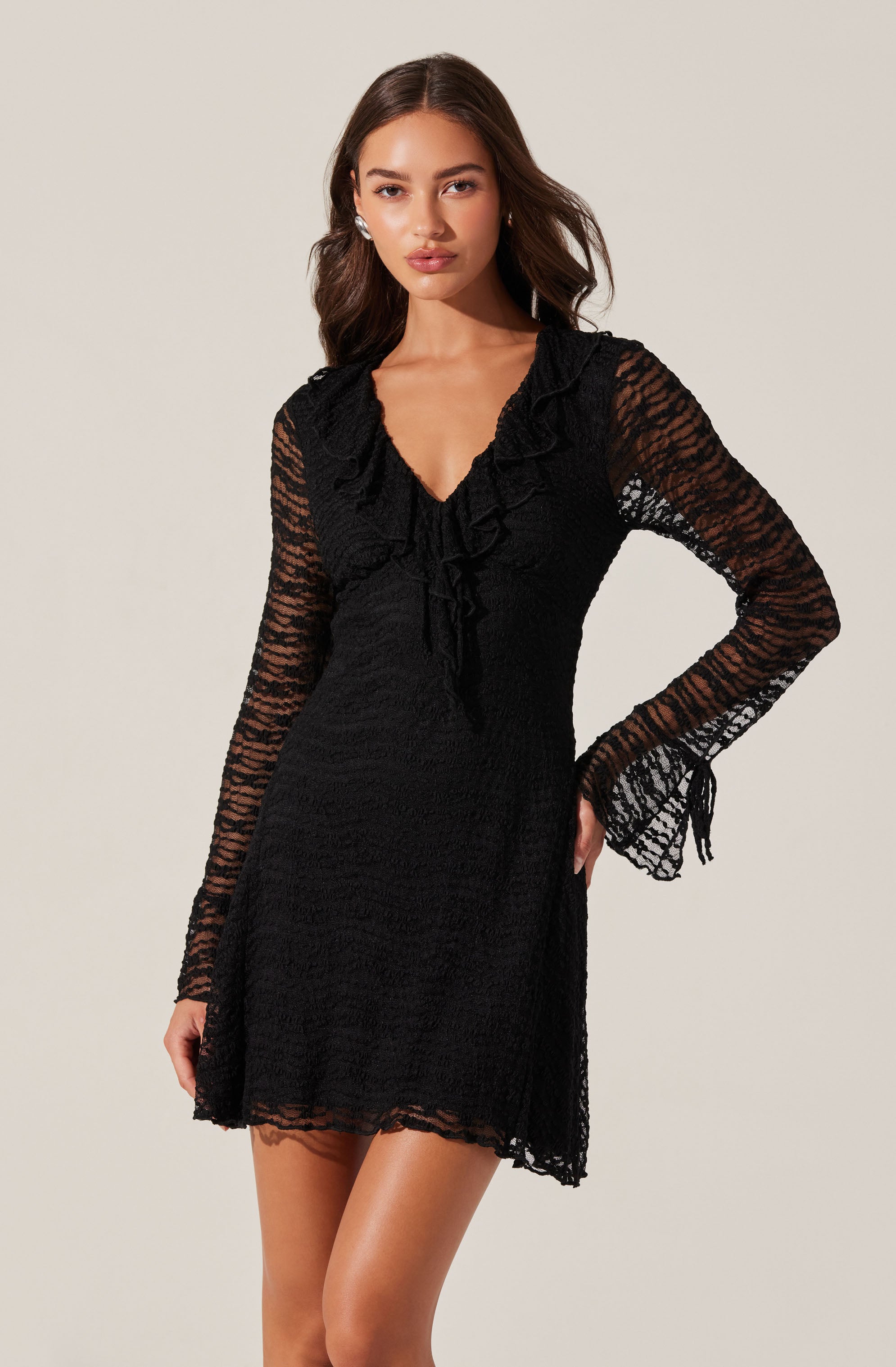 Ruffle V-Neck Lace Mini Dress-Aljck