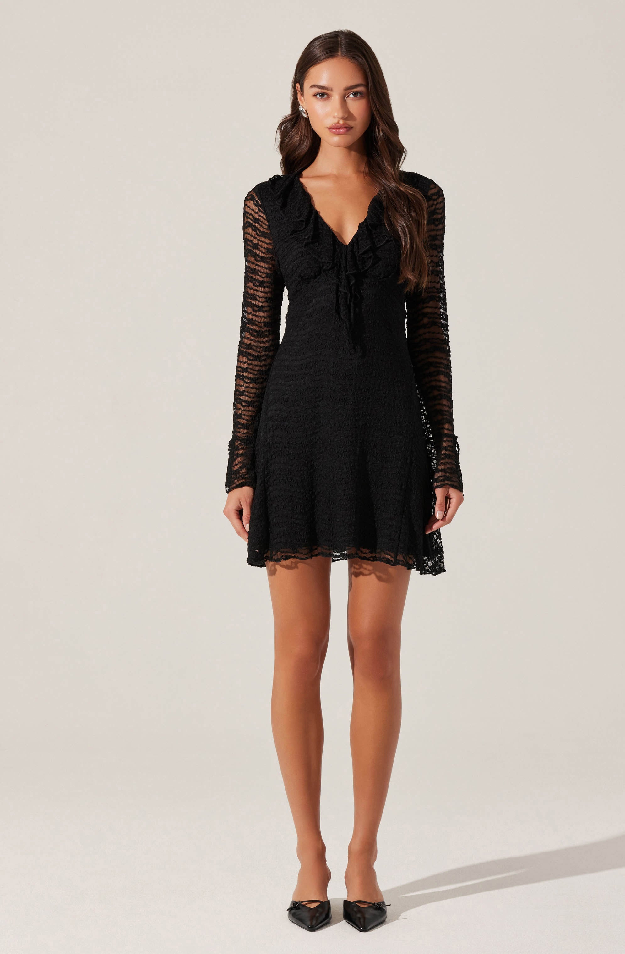 Ruffle V-Neck Lace Mini Dress-Aljck