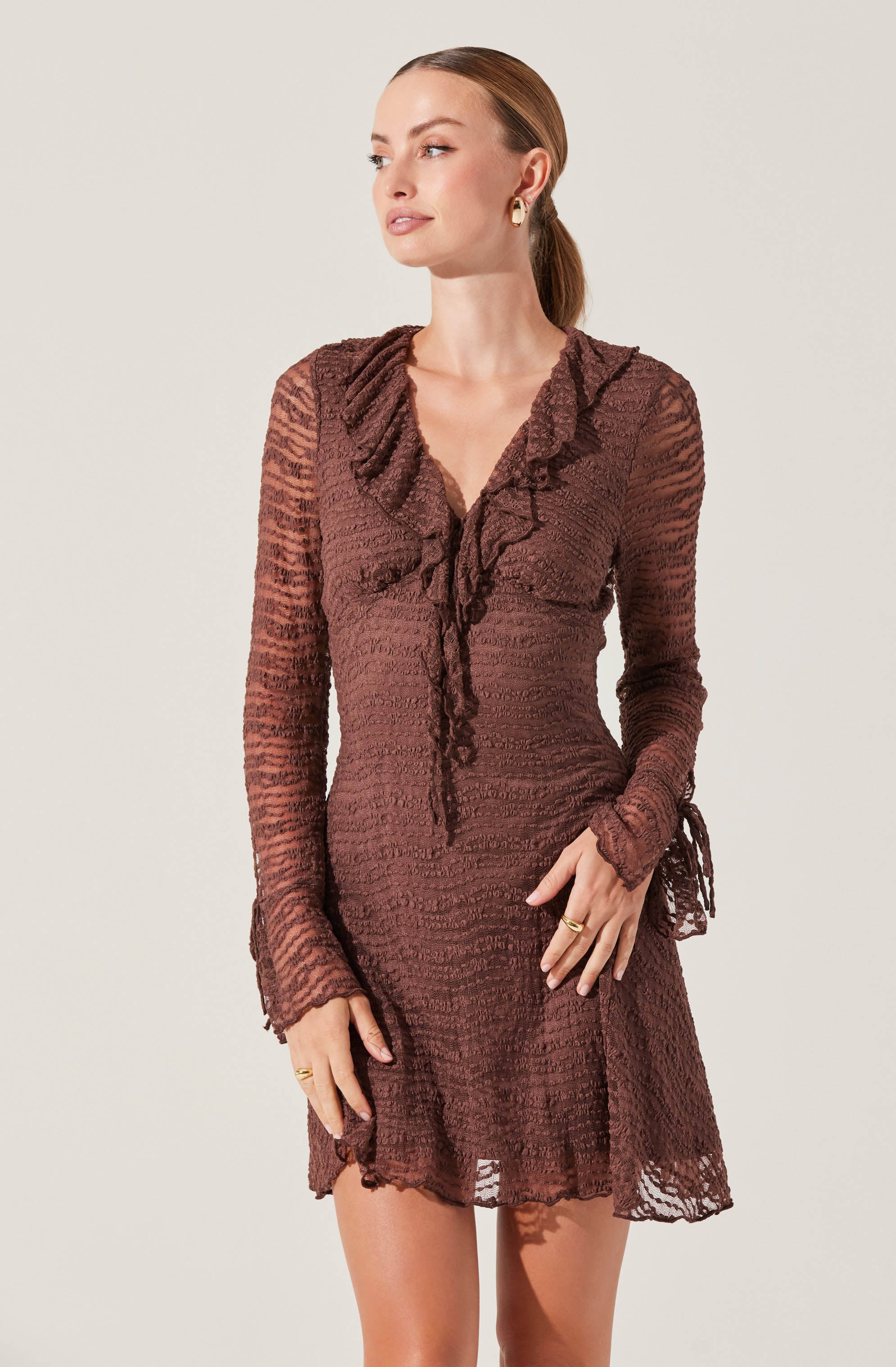 Ruffle V-Neck Lace Mini Dress-Aljck