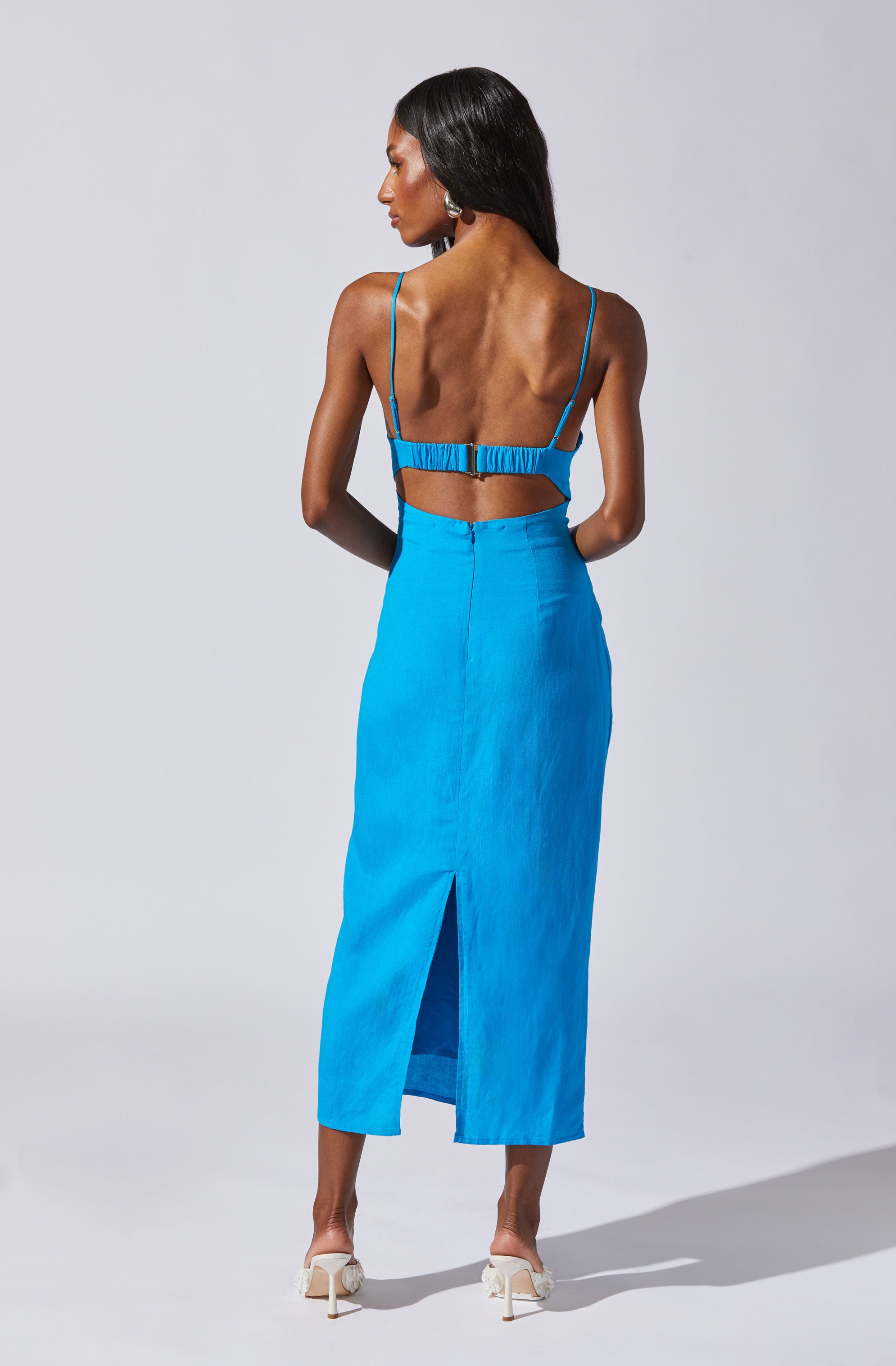 Open Back Linen-Blend Dress-Aljck