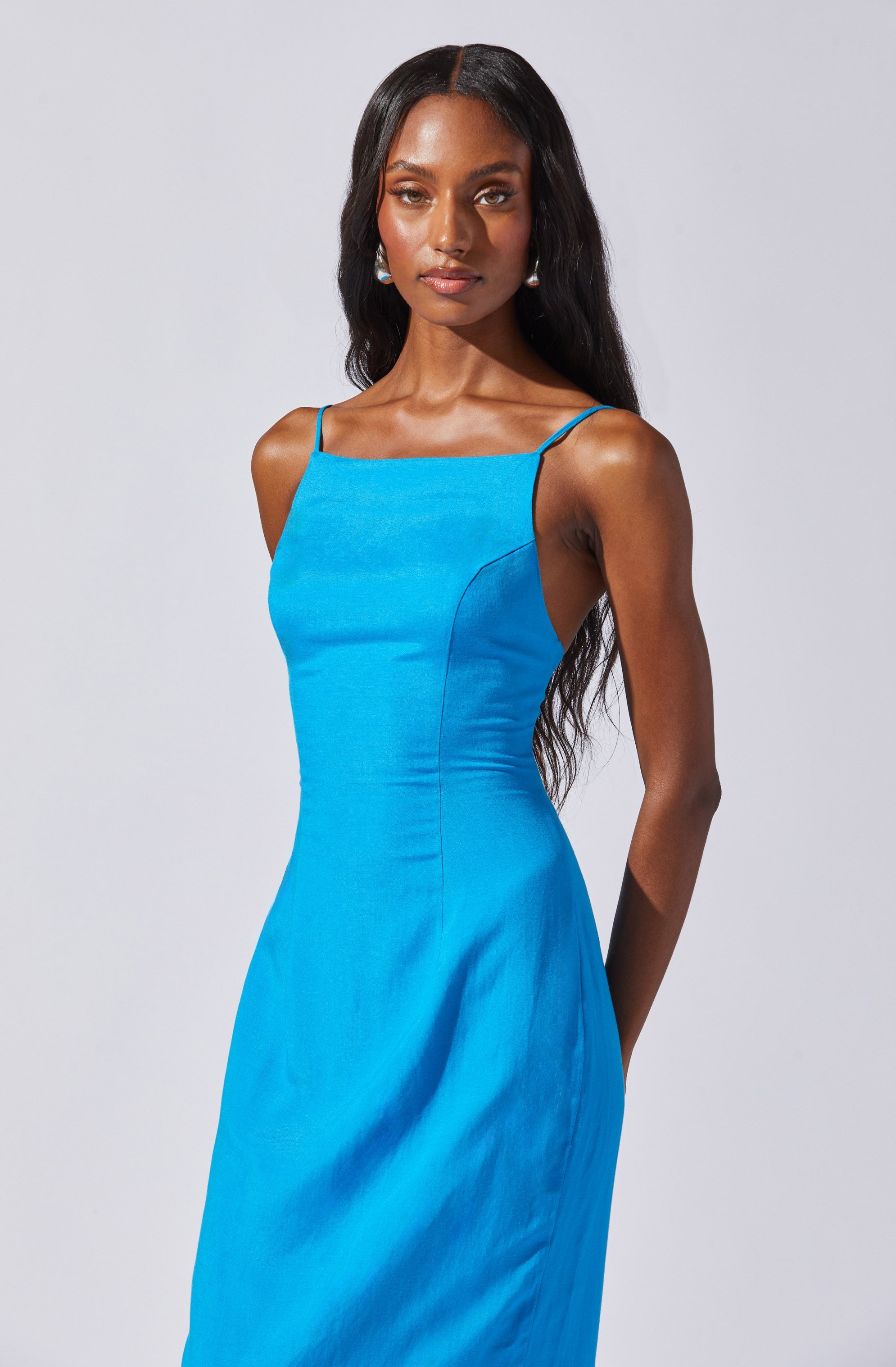 Open Back Linen-Blend Dress-Aljck