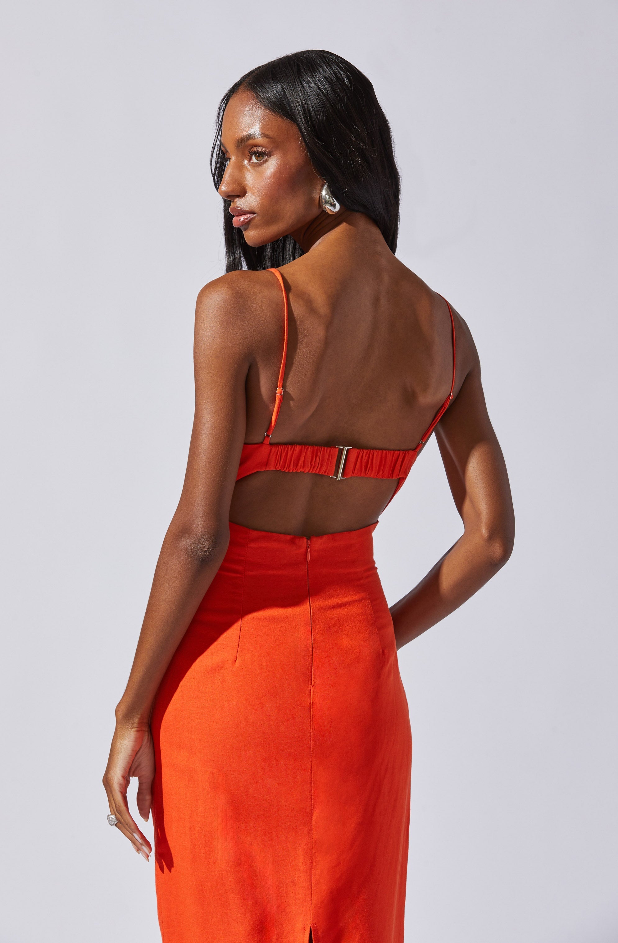 Open Back Linen-Blend Dress-Aljck