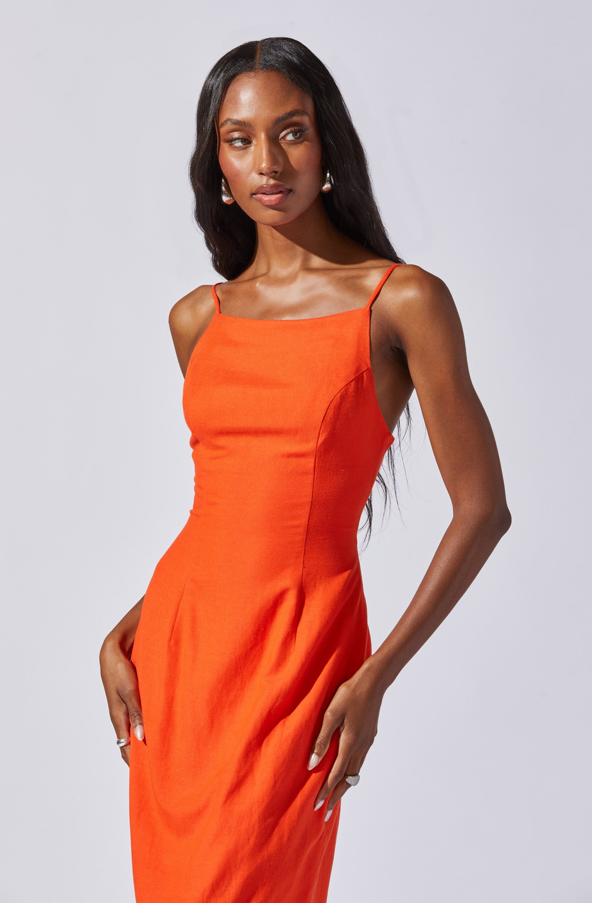 Open Back Linen-Blend Dress-Aljck