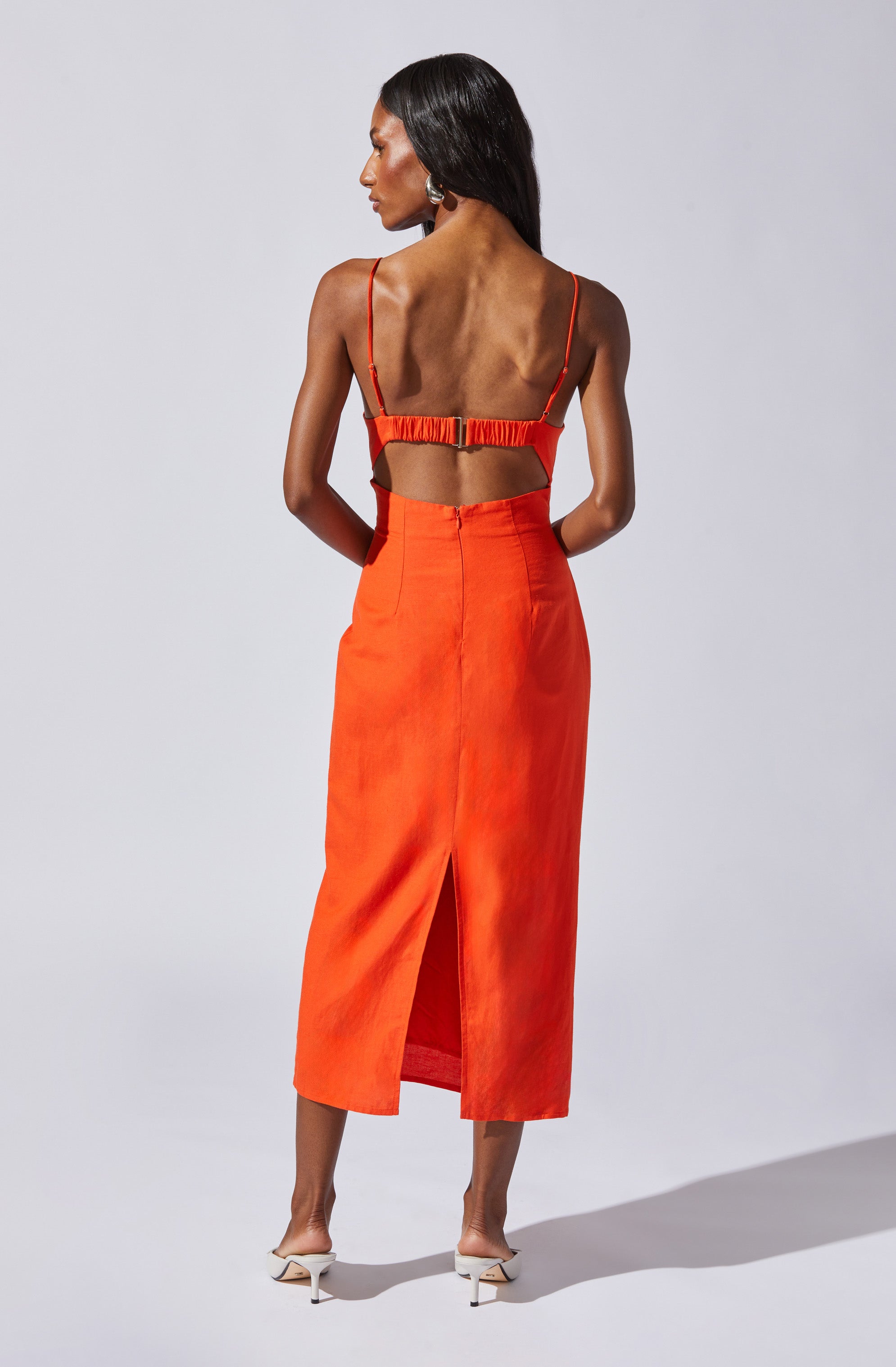 Open Back Linen-Blend Dress-Aljck