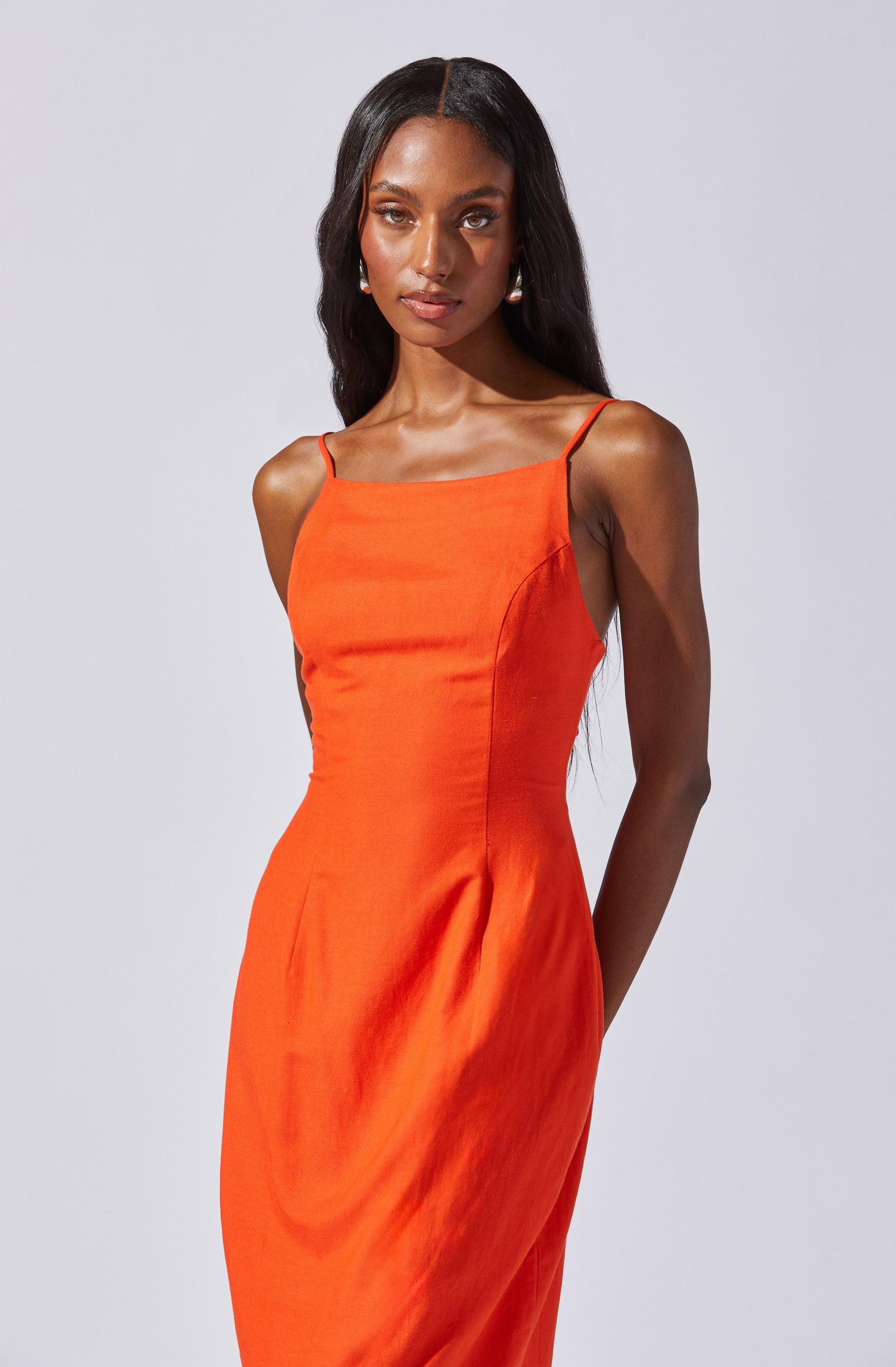 Open Back Linen-Blend Dress-Aljck