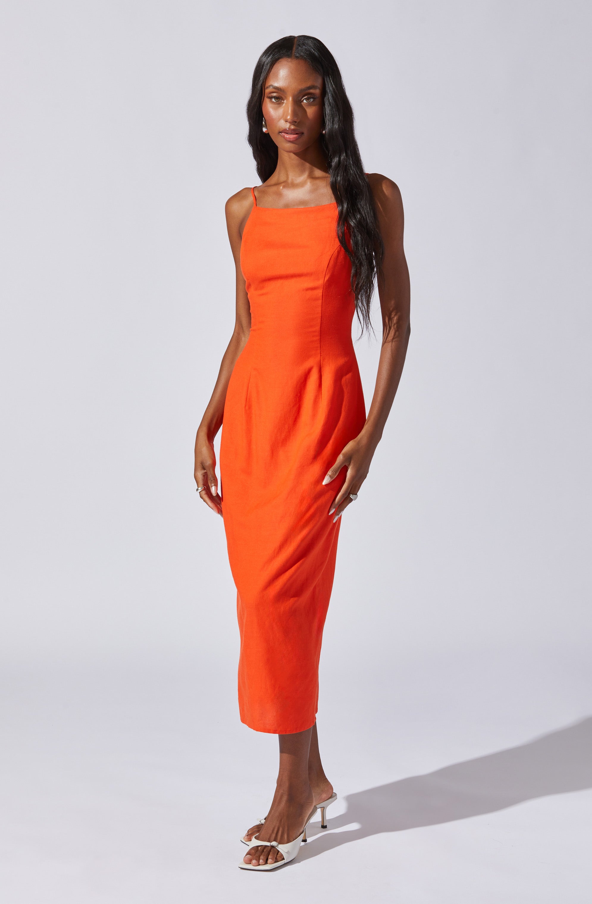 Open Back Linen-Blend Dress-Aljck