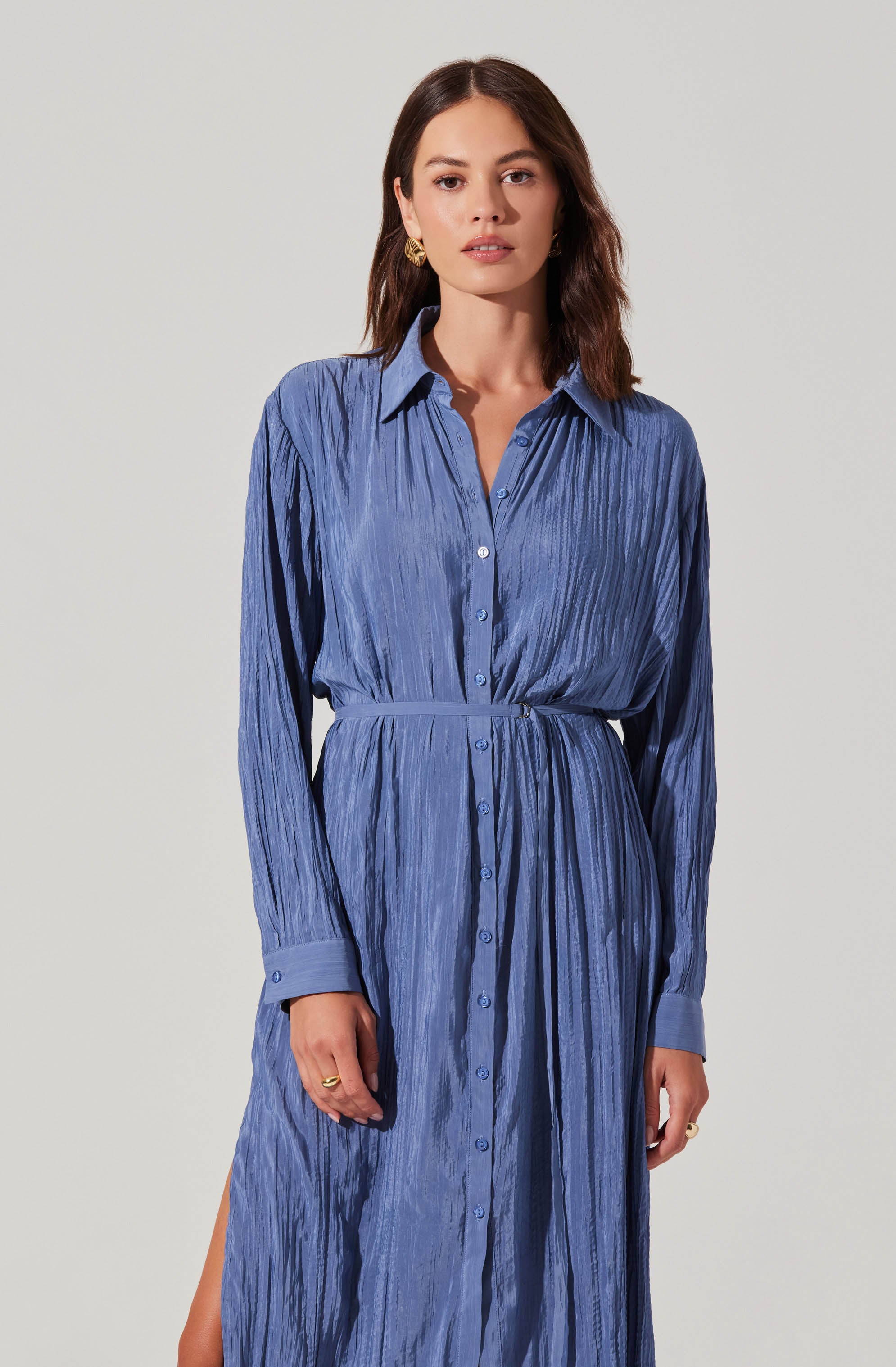 Belted Long Sleeve Shirt Dress-Aljck