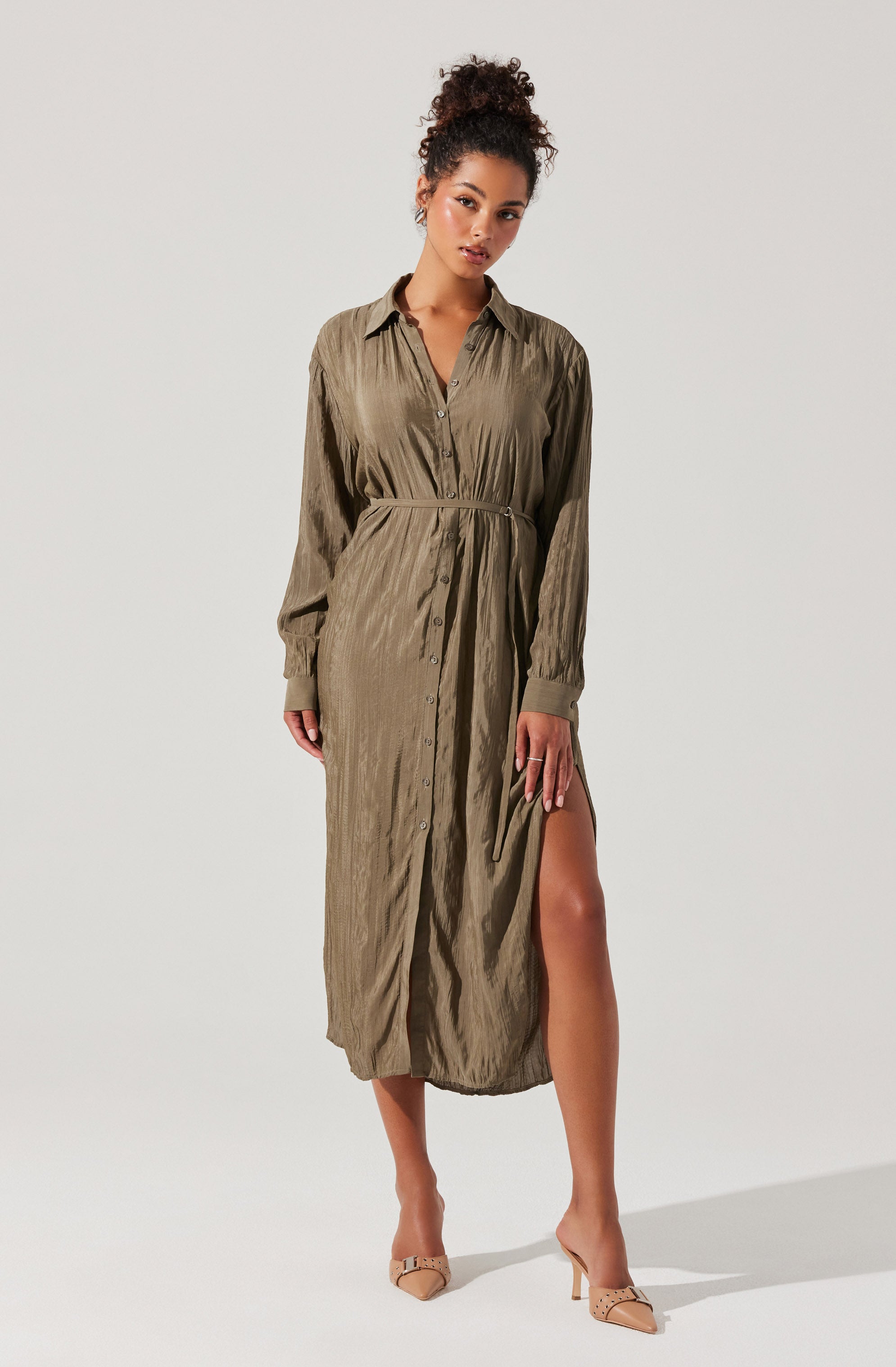 Belted Long Sleeve Shirt Dress-Aljck