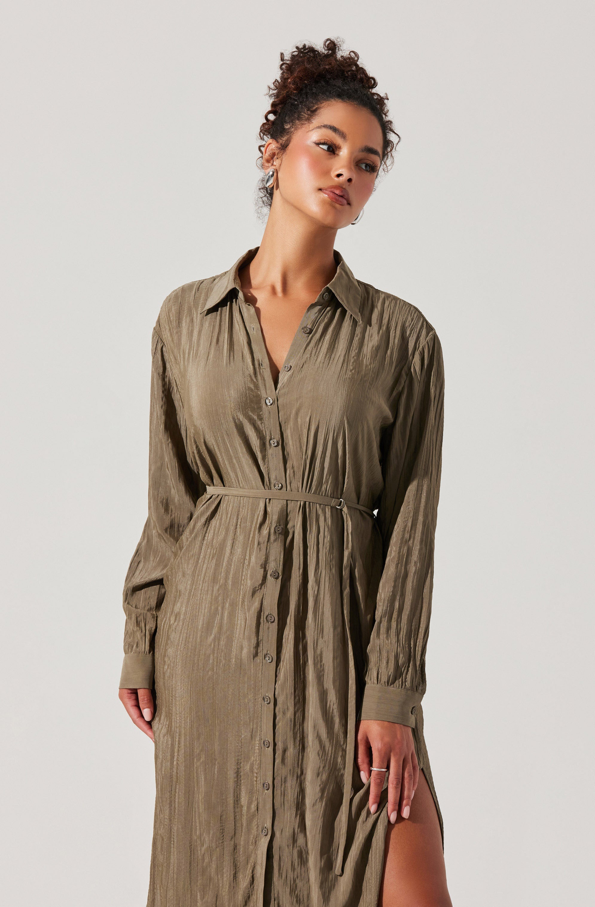 Belted Long Sleeve Shirt Dress-Aljck
