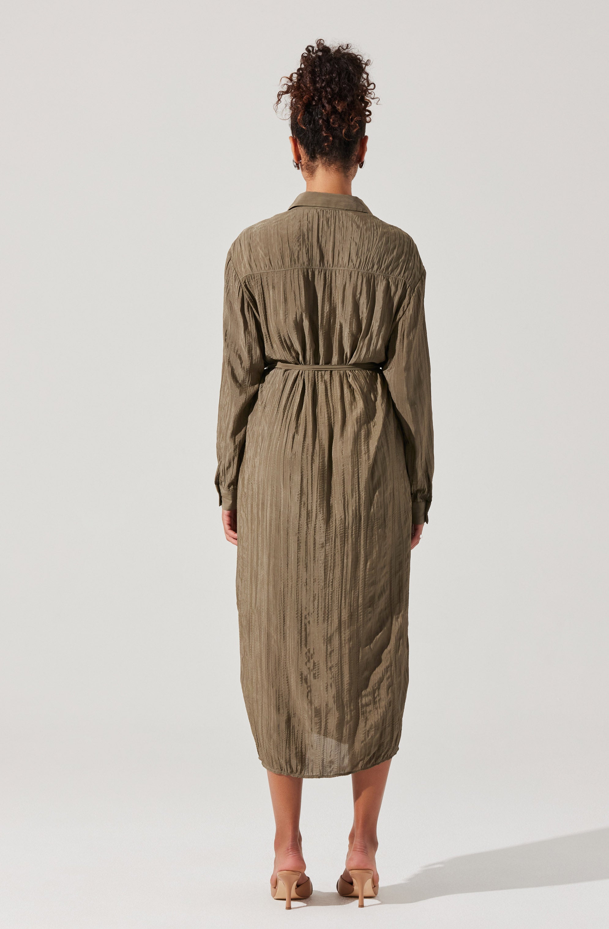 Belted Long Sleeve Shirt Dress-Aljck