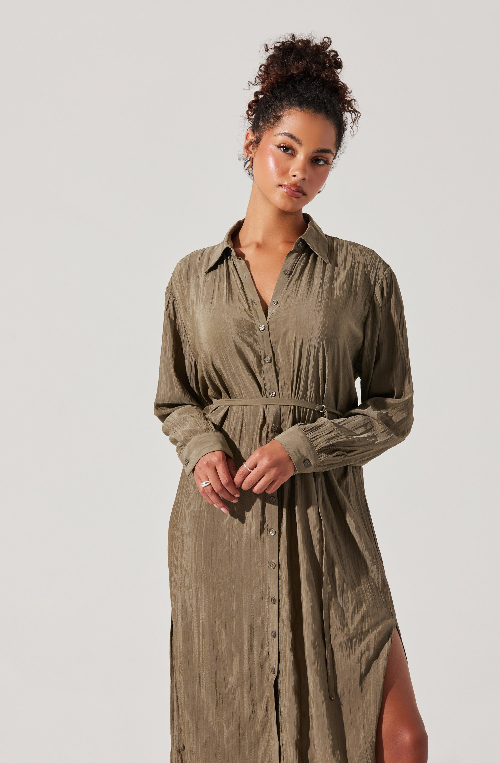 Belted Long Sleeve Shirt Dress-Aljck