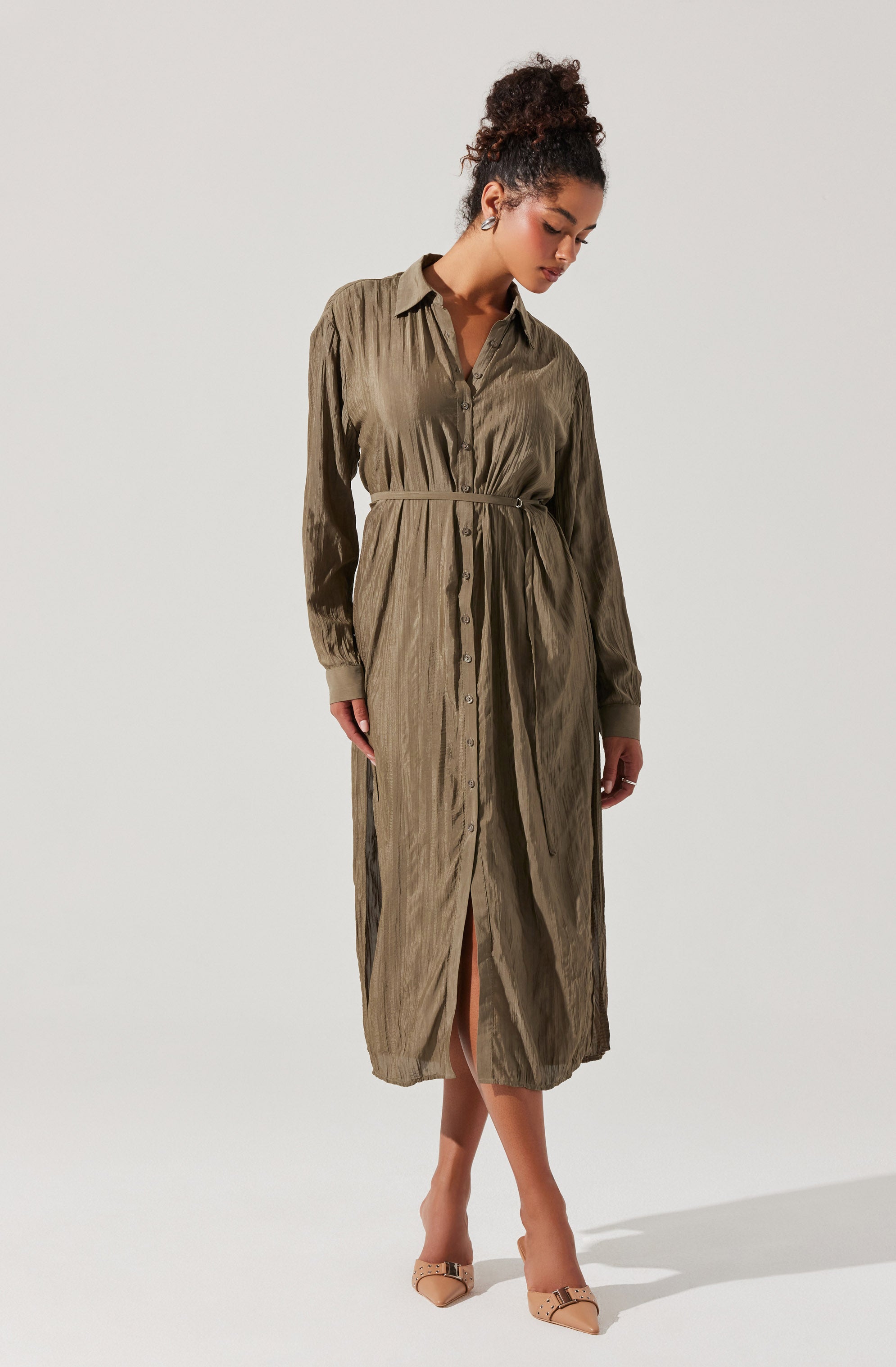 Belted Long Sleeve Shirt Dress-Aljck