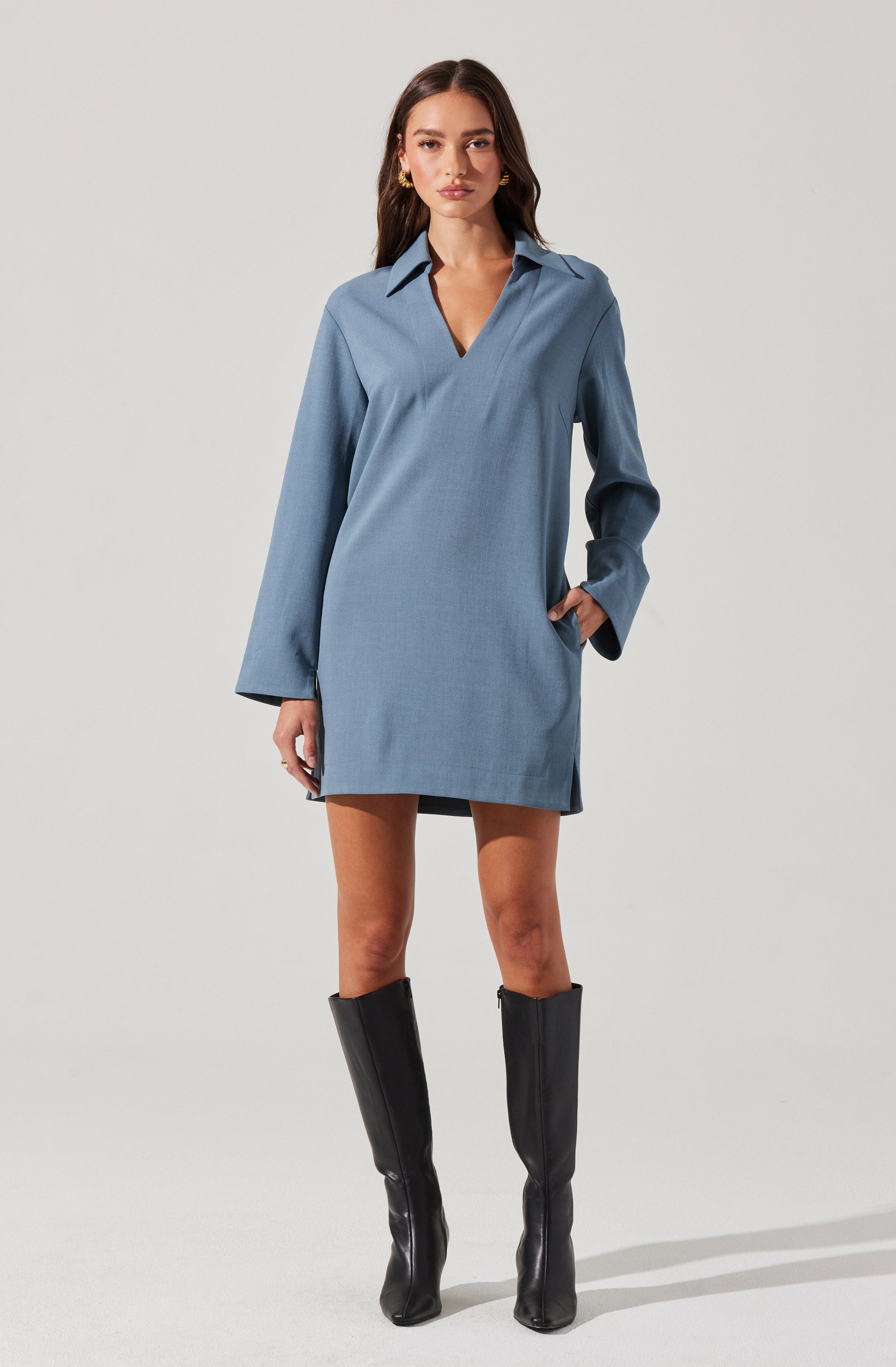 V-Neck Woven Mini Dress-Aljck