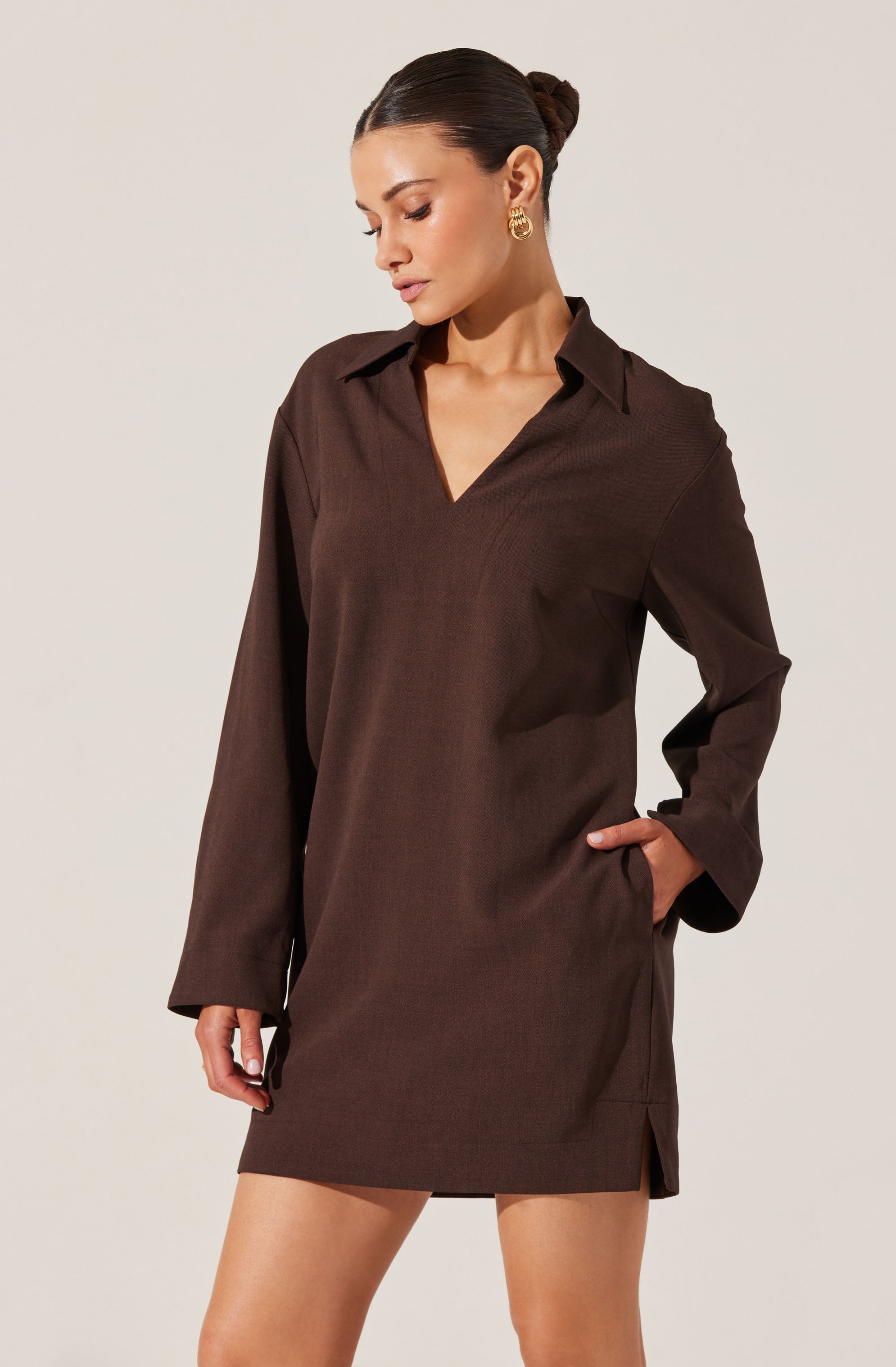 V-Neck Woven Mini Dress-Aljck