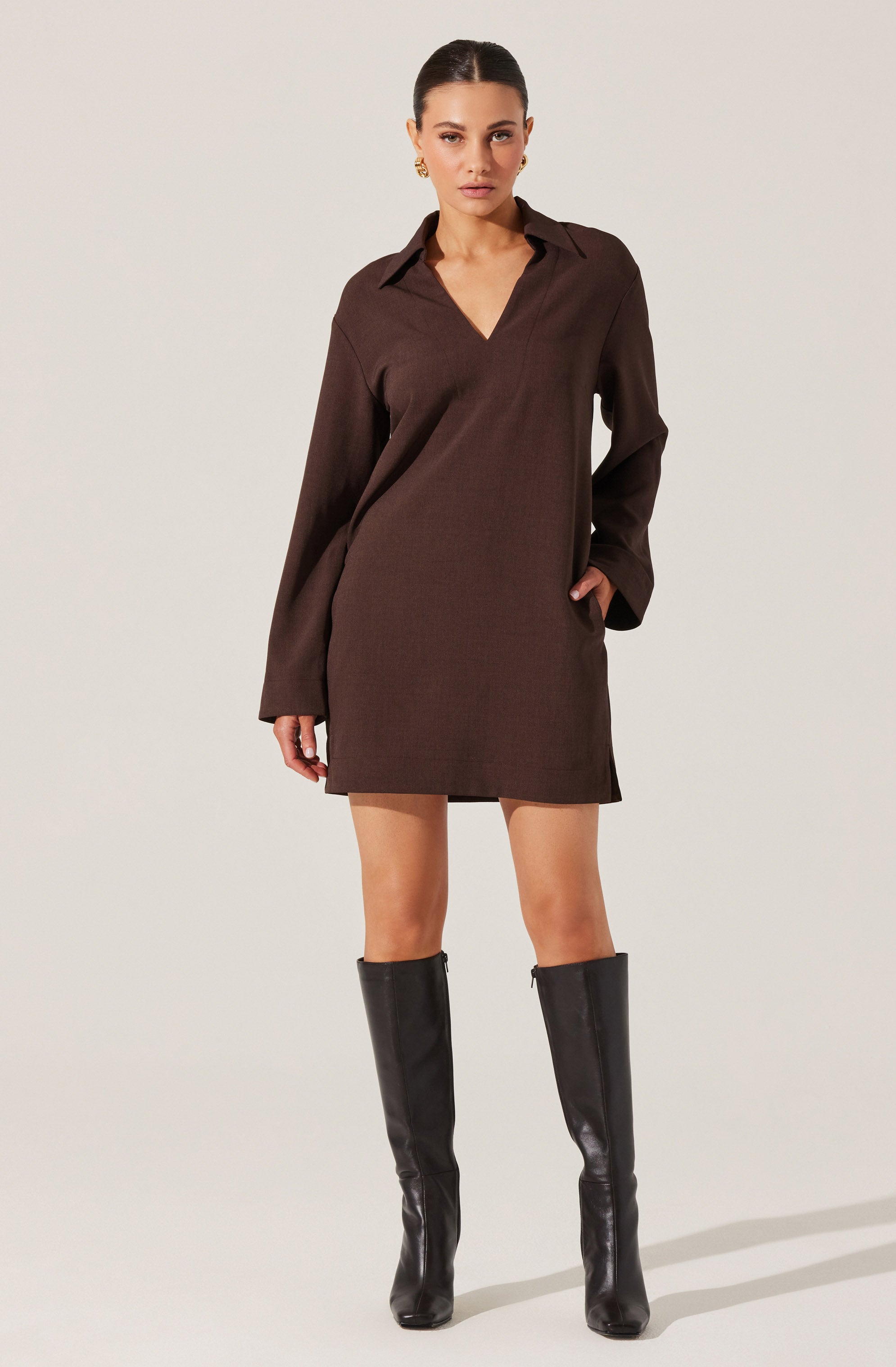 V-Neck Woven Mini Dress-Aljck