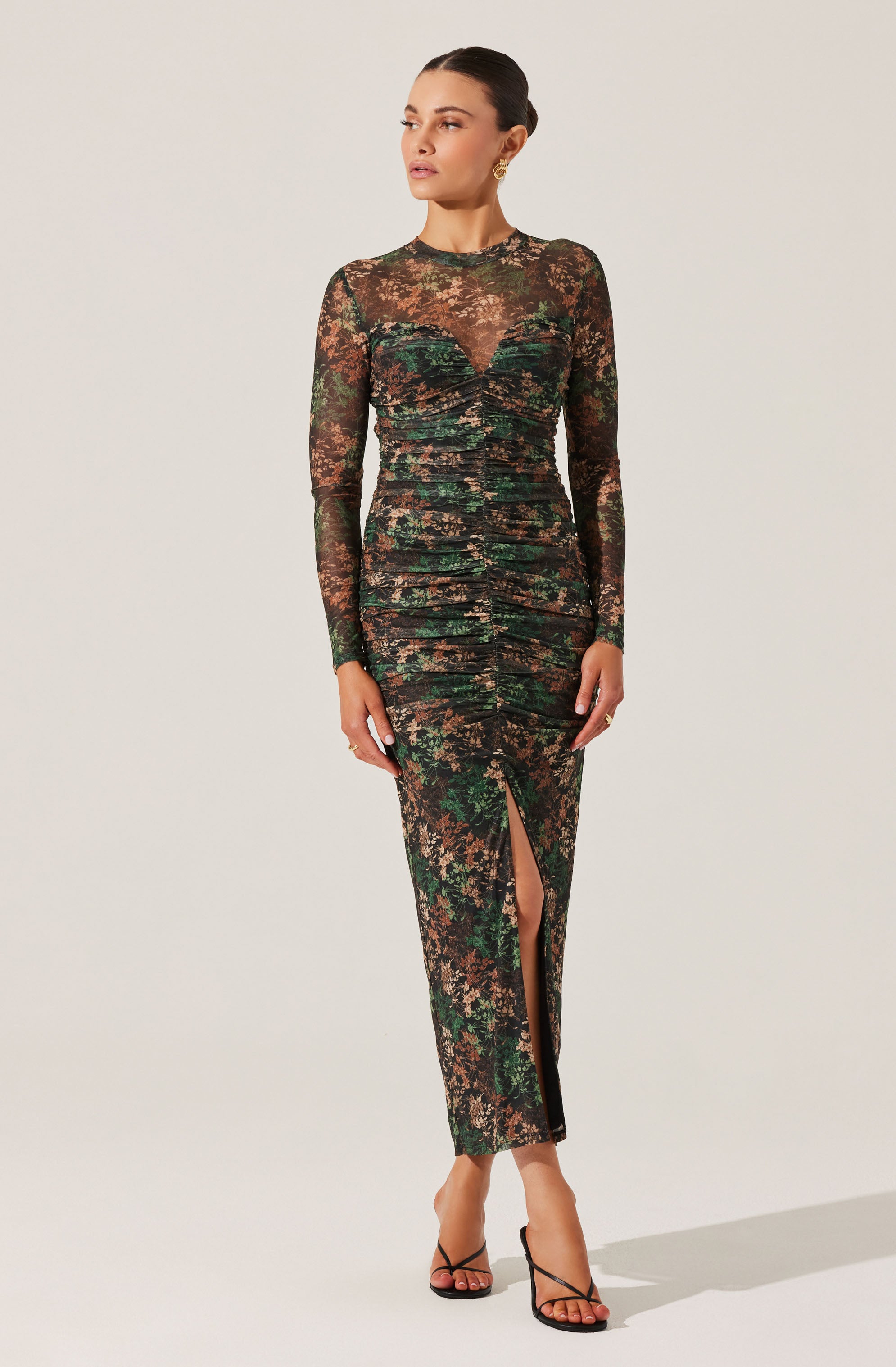 Mesh Sweetheart Ruched Maxi Dress-Aljck