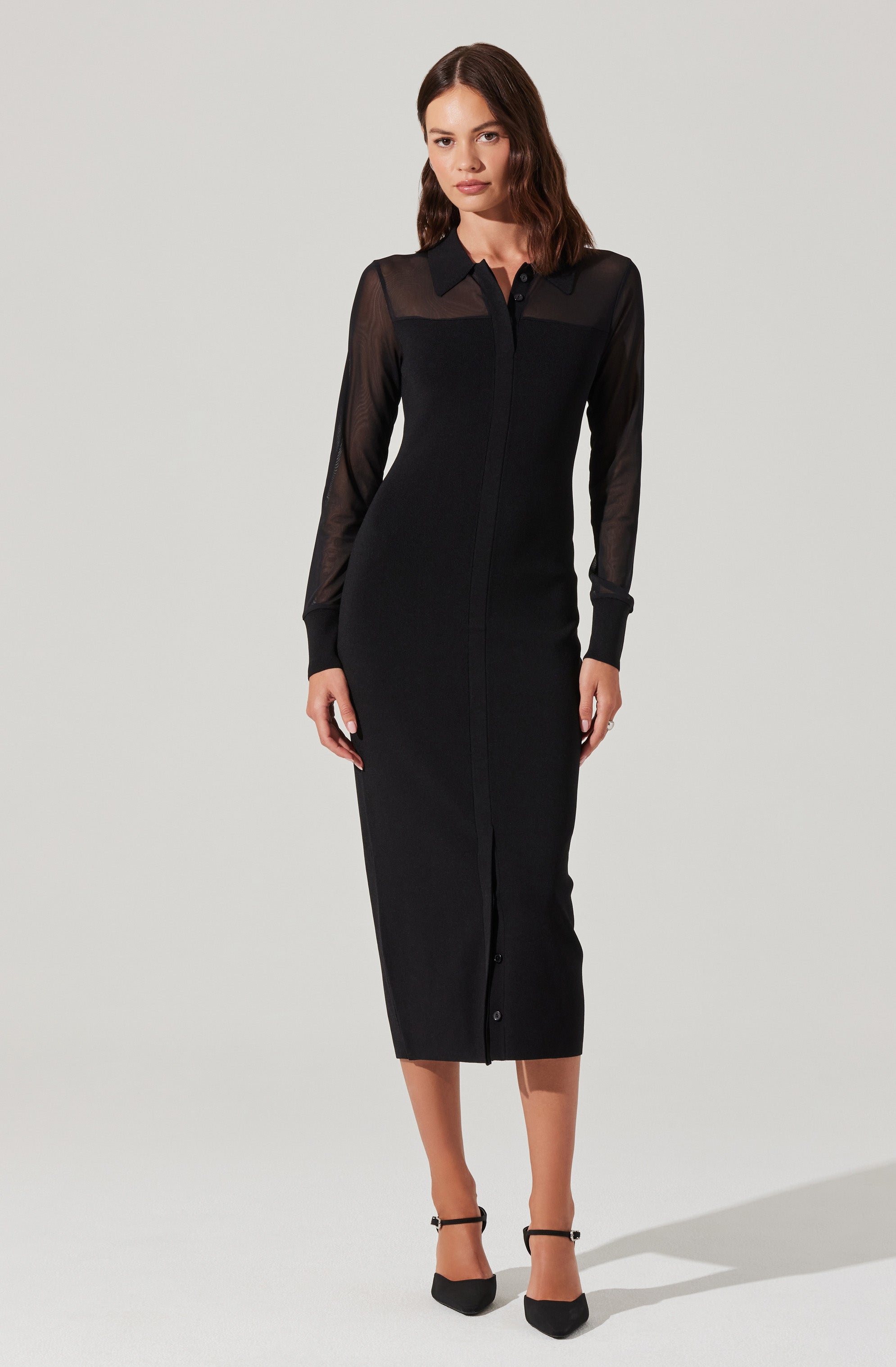 Contrast Mesh Collared Midi Dress-Aljck