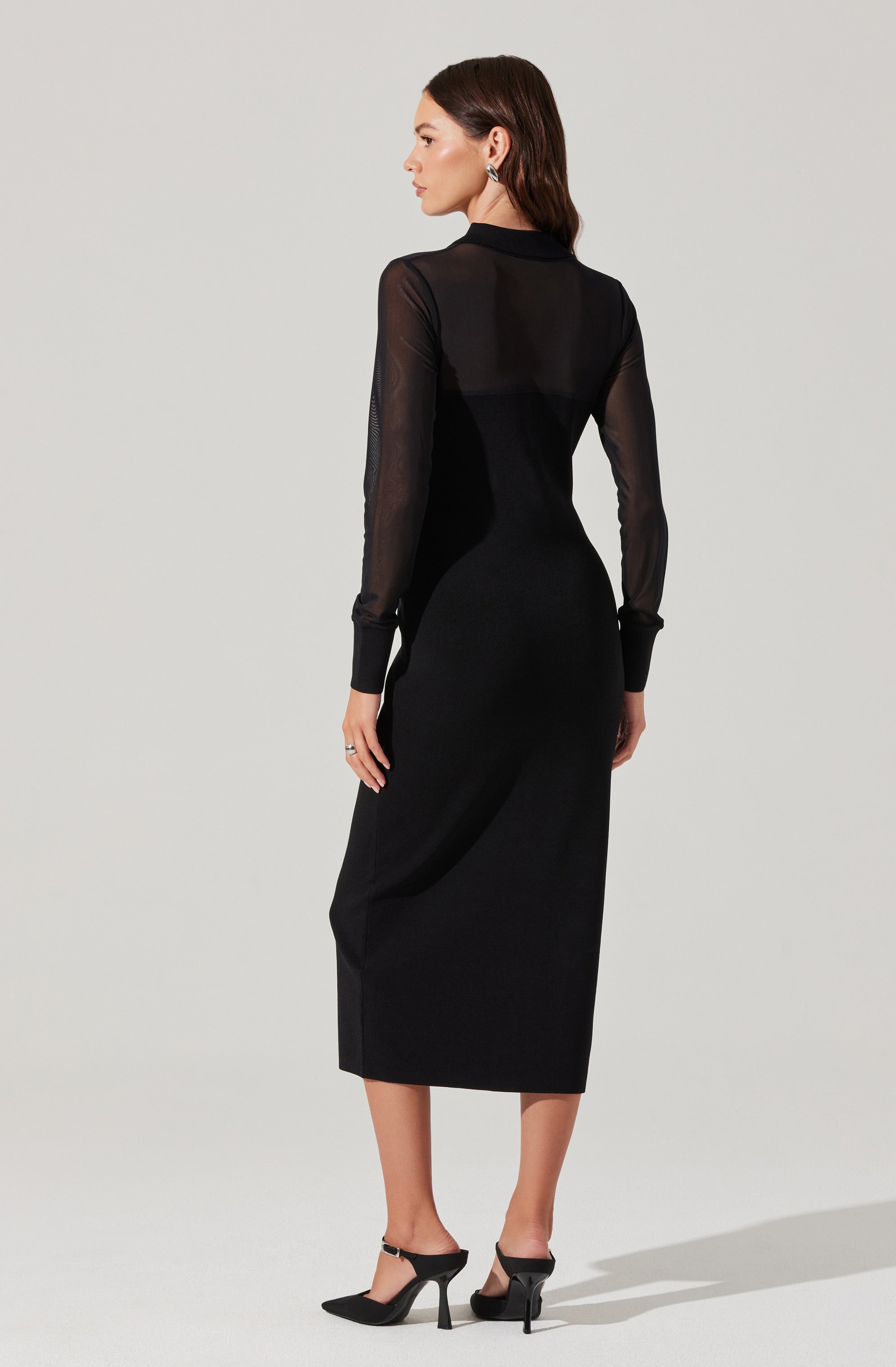 Contrast Mesh Collared Midi Dress-Aljck
