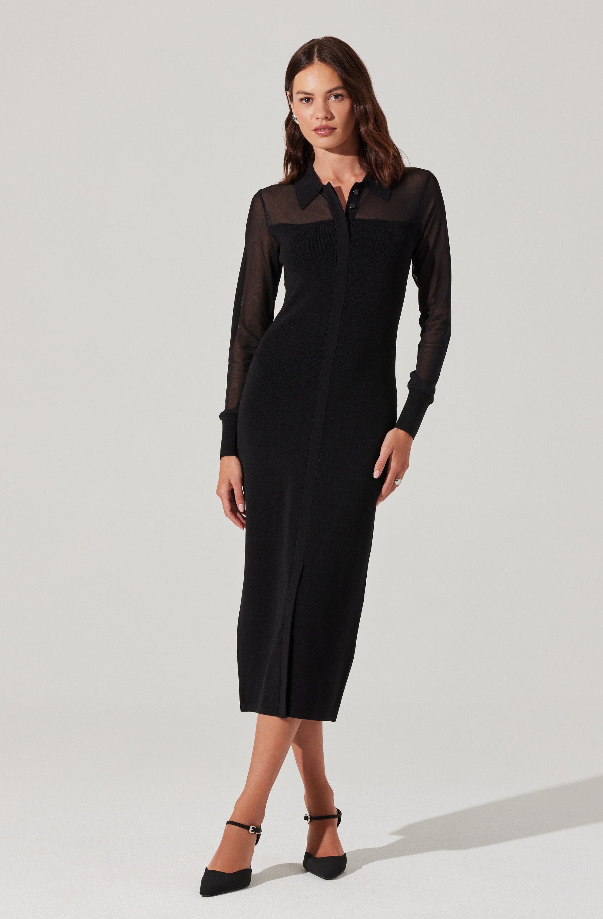 Contrast Mesh Collared Midi Dress-Aljck