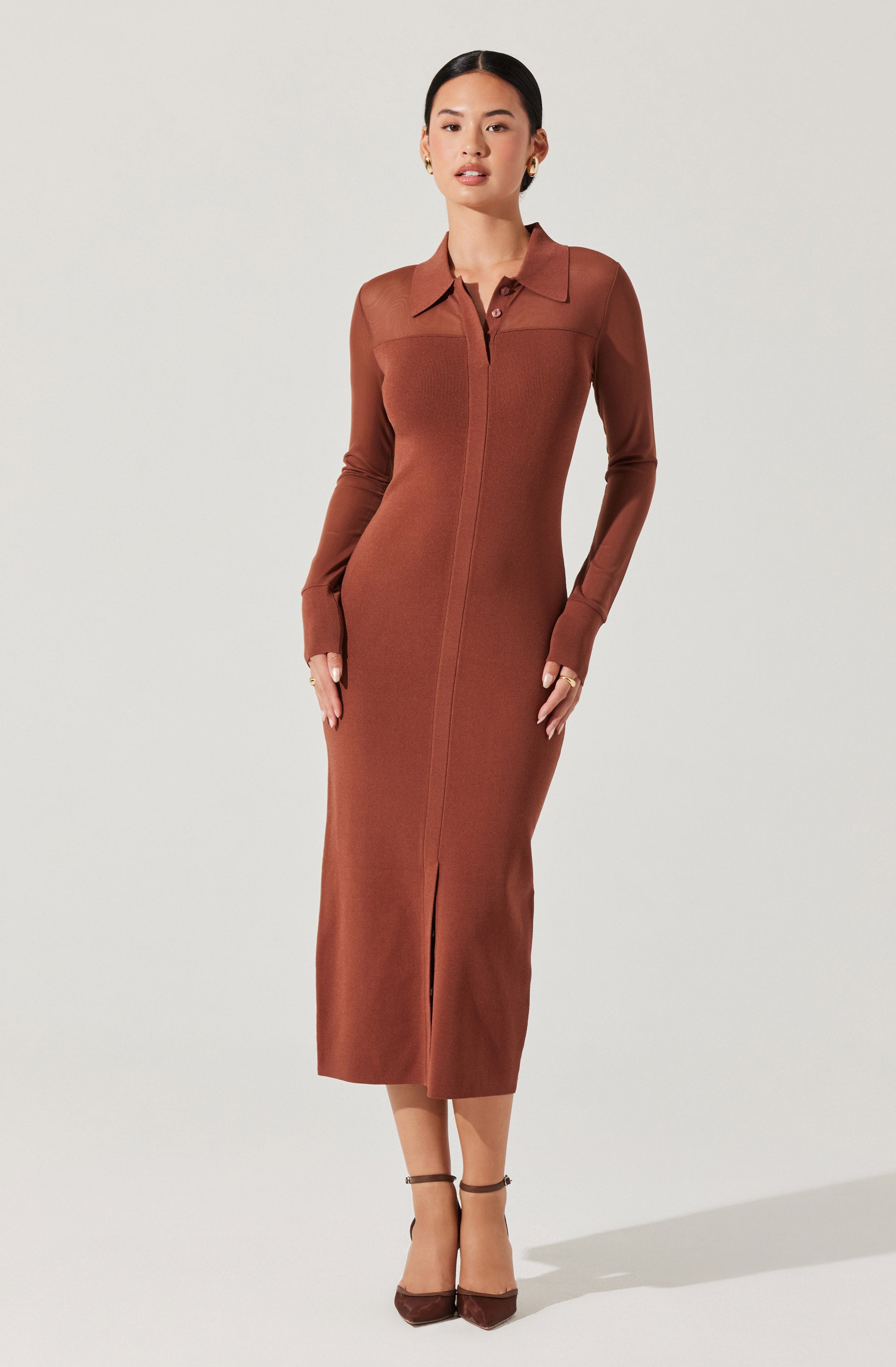 Contrast Mesh Collared Midi Dress-Aljck