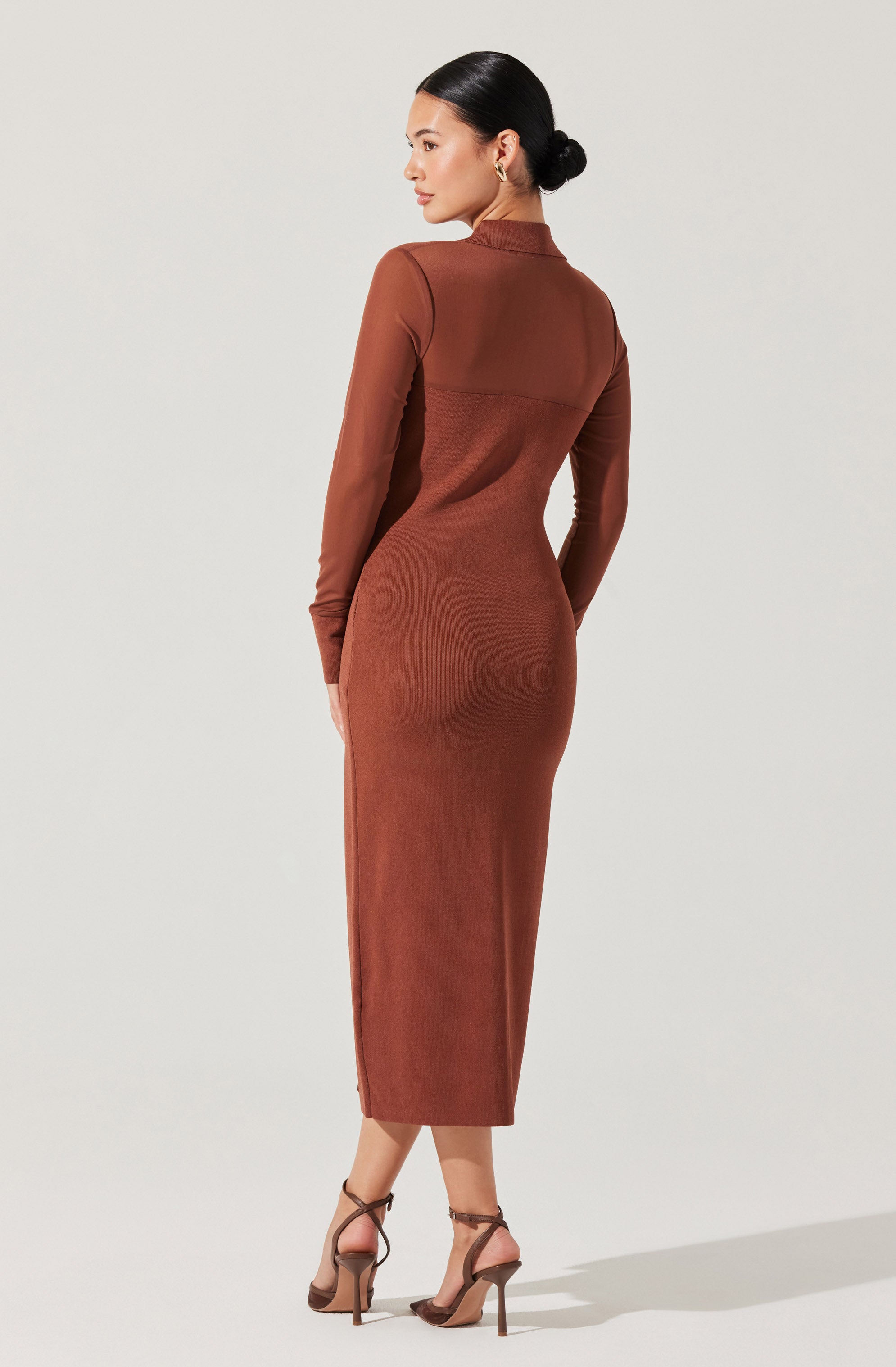 Contrast Mesh Collared Midi Dress-Aljck