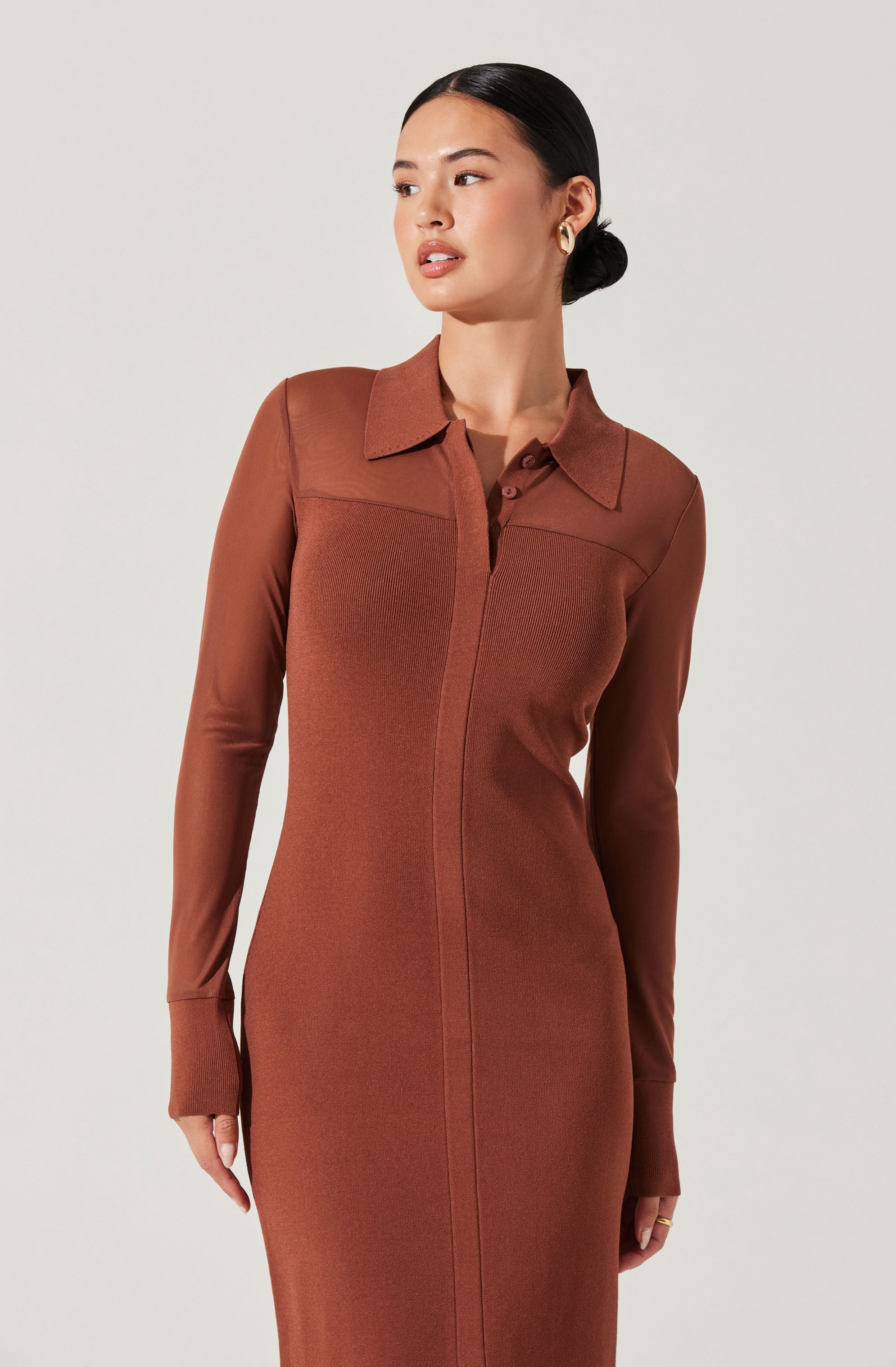 Contrast Mesh Collared Midi Dress-Aljck