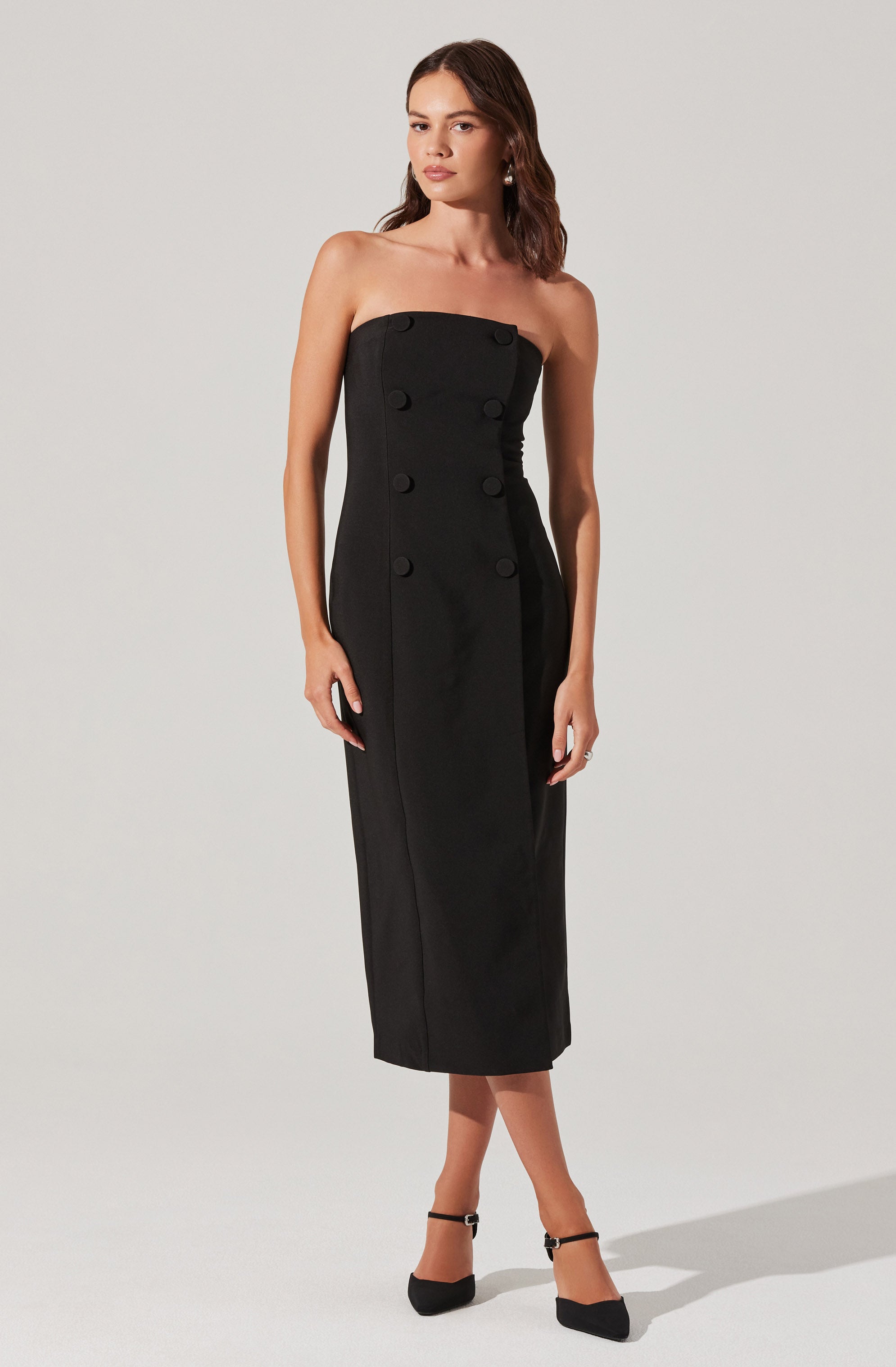 Strapless Double-Breasted Midi Dress-Aljck