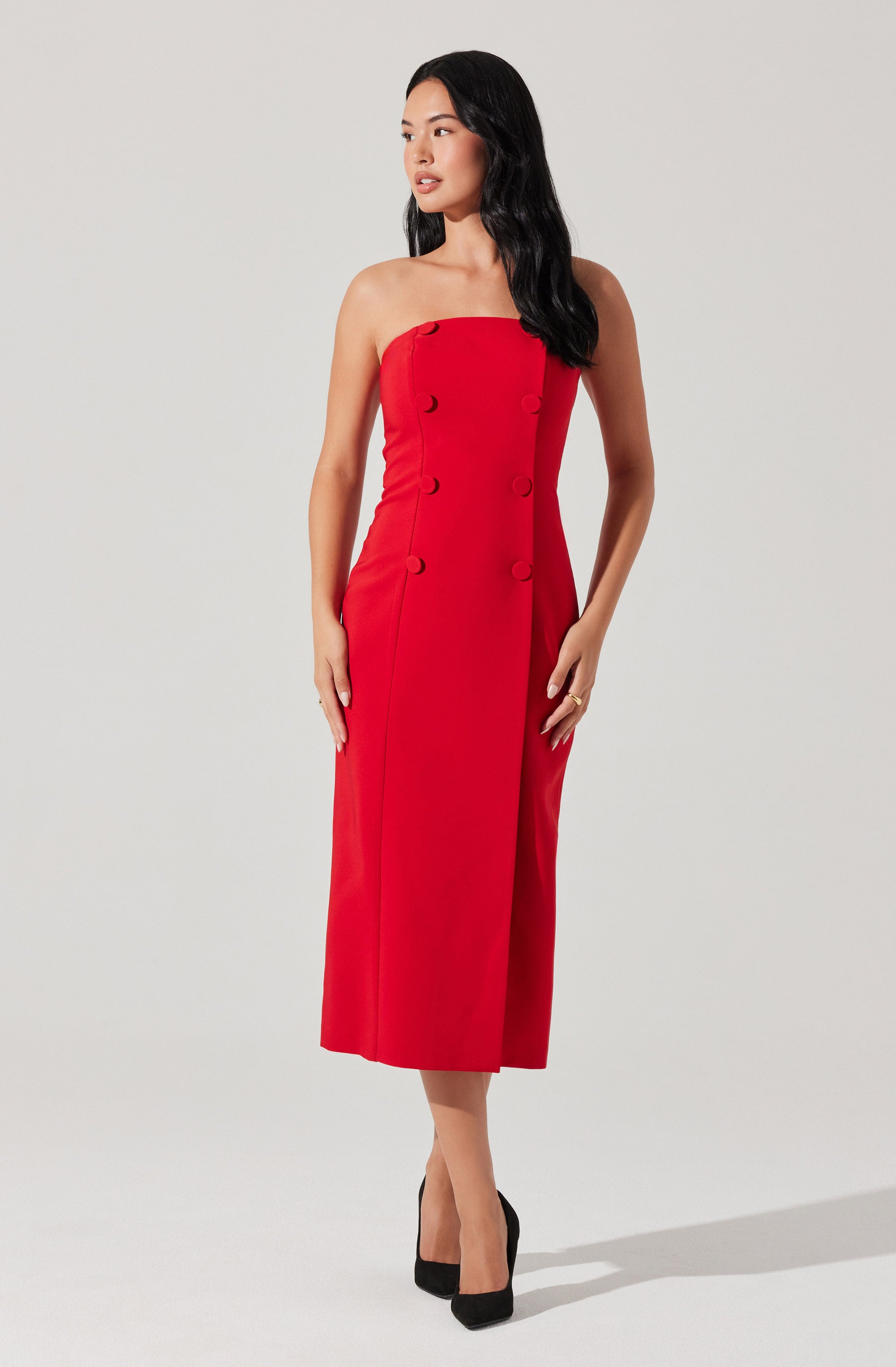 Strapless Double-Breasted Midi Dress-Aljck