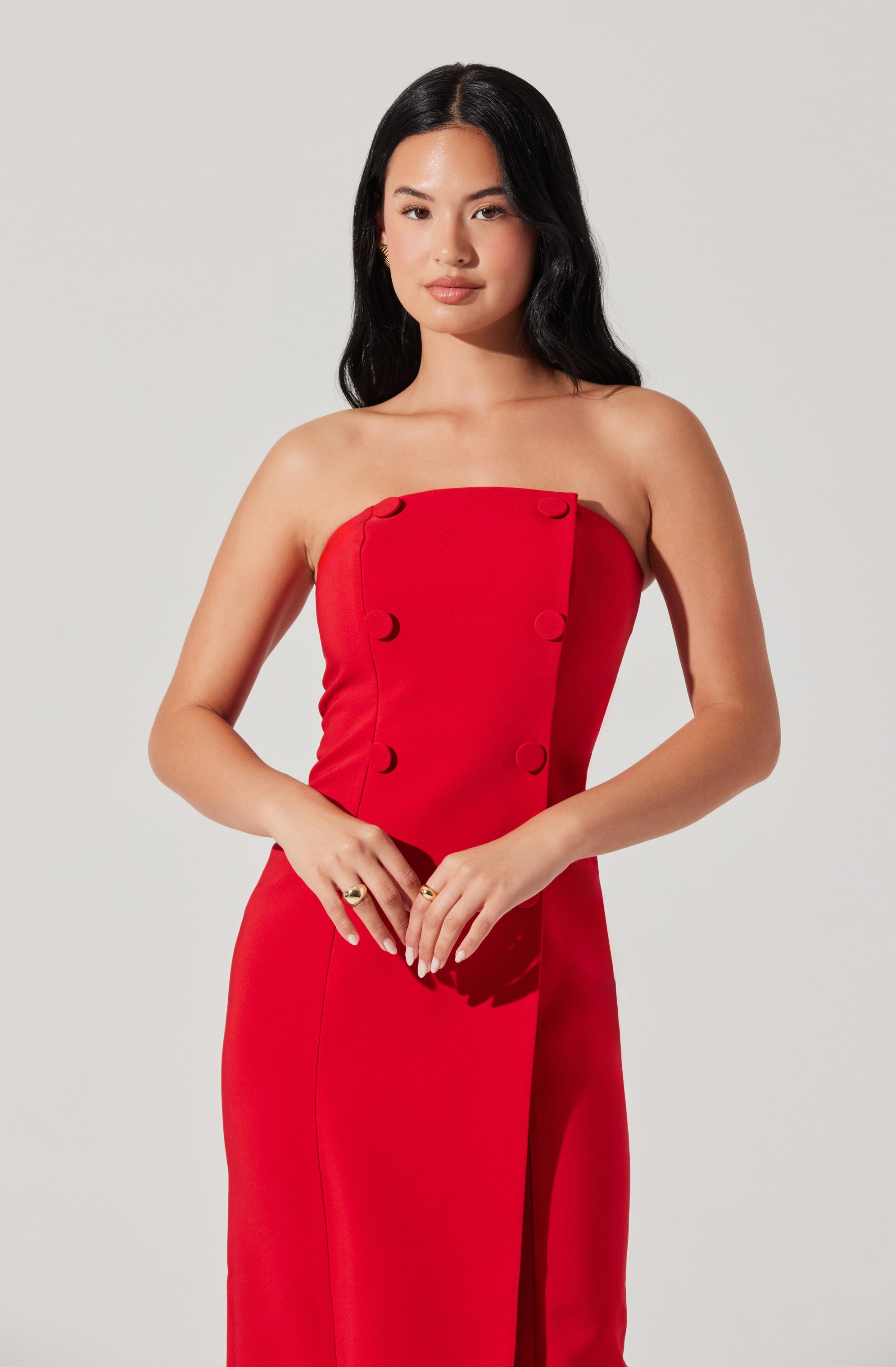 Strapless Double-Breasted Midi Dress-Aljck