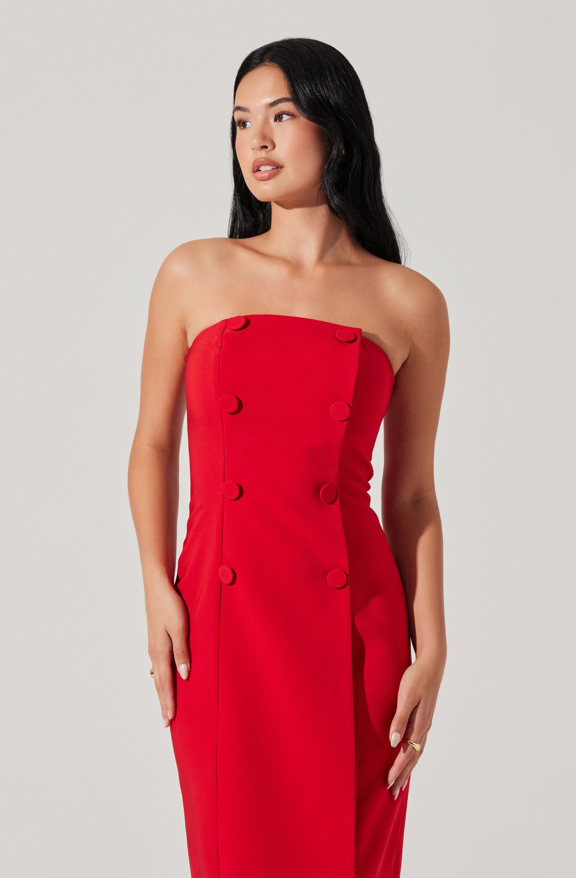 Strapless Double-Breasted Midi Dress-Aljck