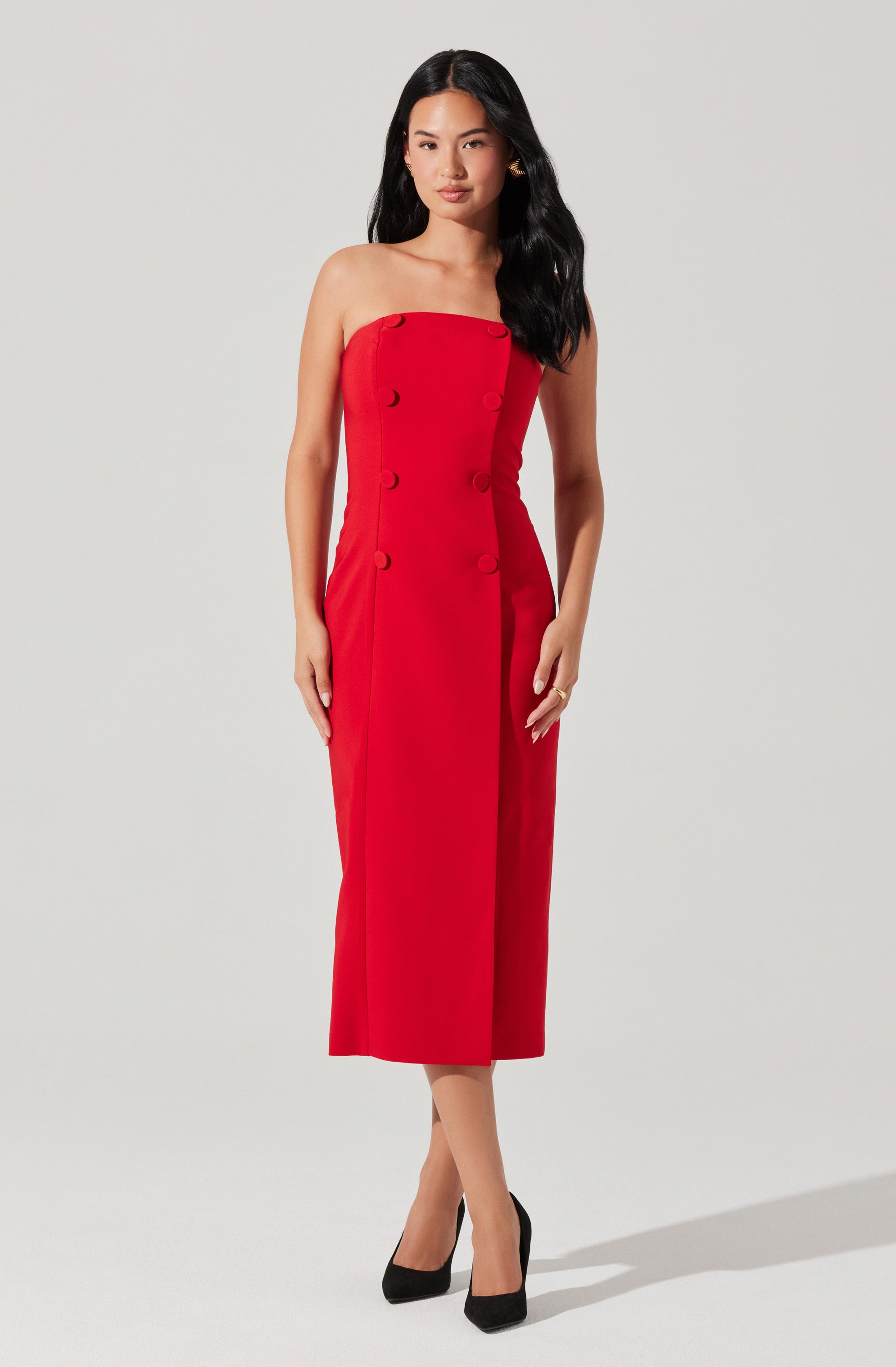 Strapless Double-Breasted Midi Dress-Aljck