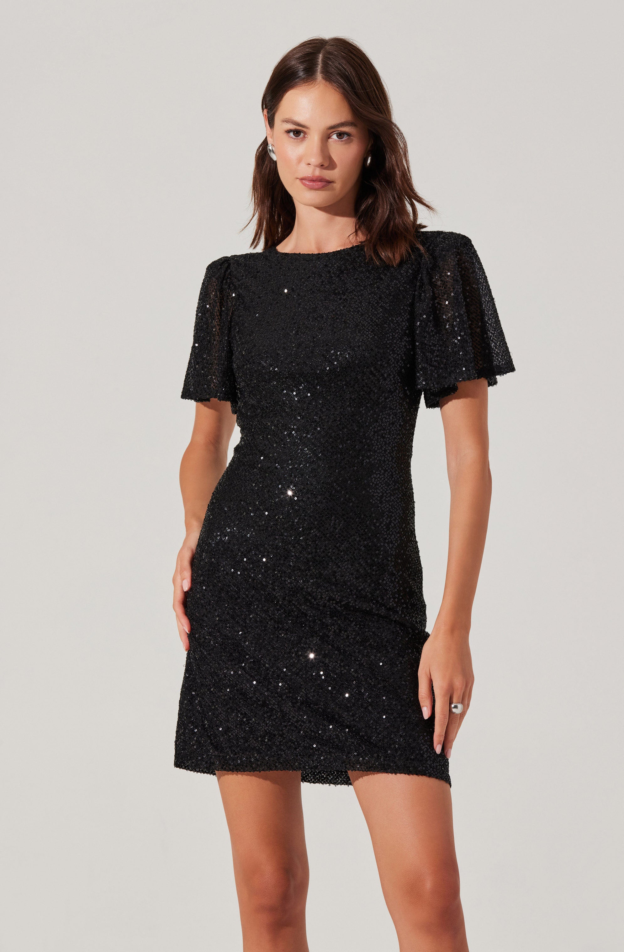 Sequin Flutter Sleeve Mini Dress-Aljck