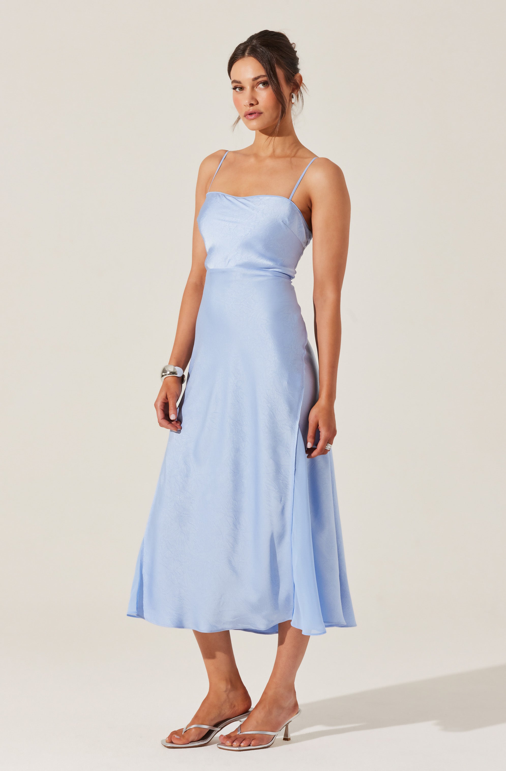 Satin Straight Neck Midi Dress-Aljck