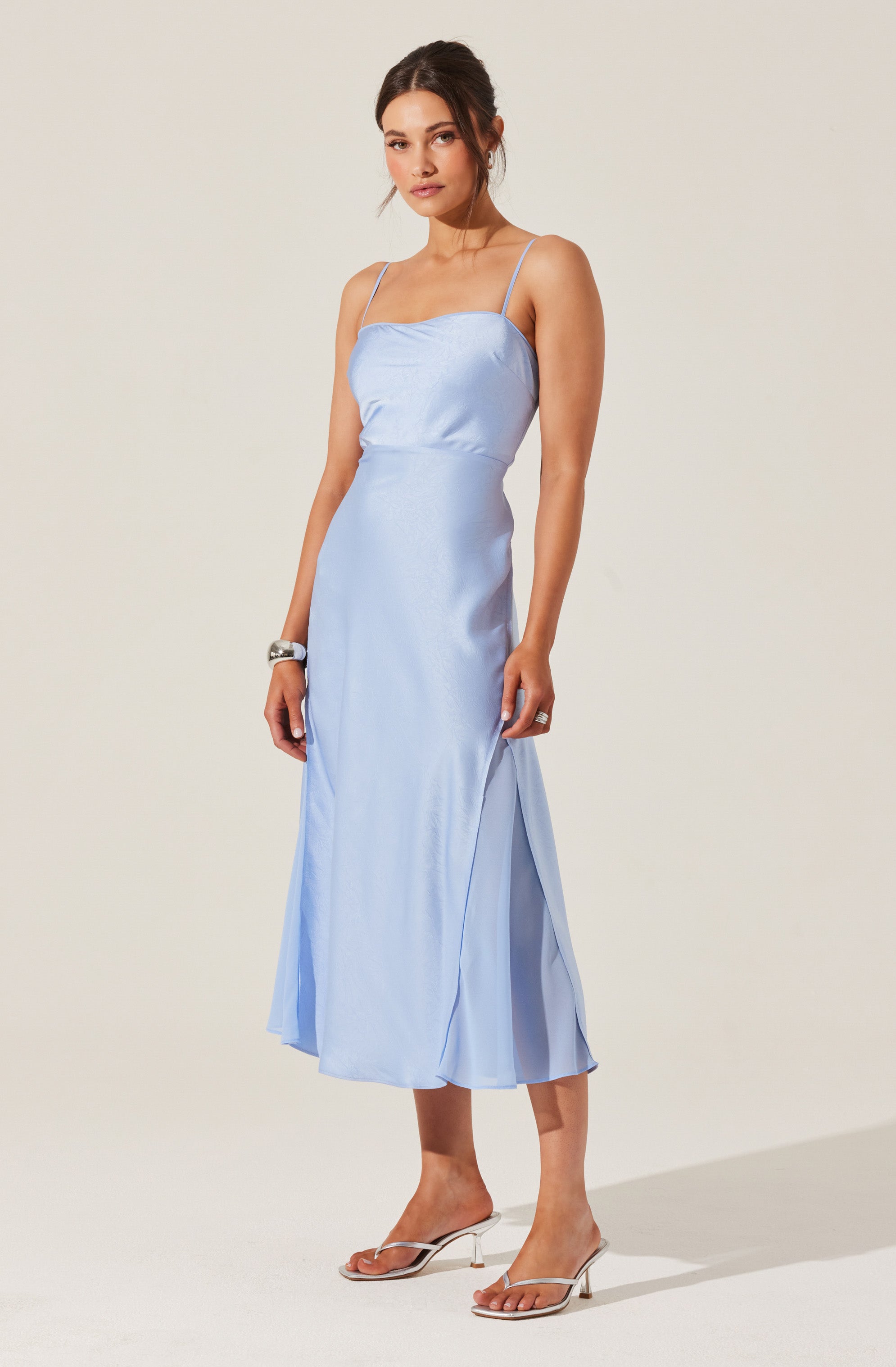 Satin Straight Neck Midi Dress-Aljck