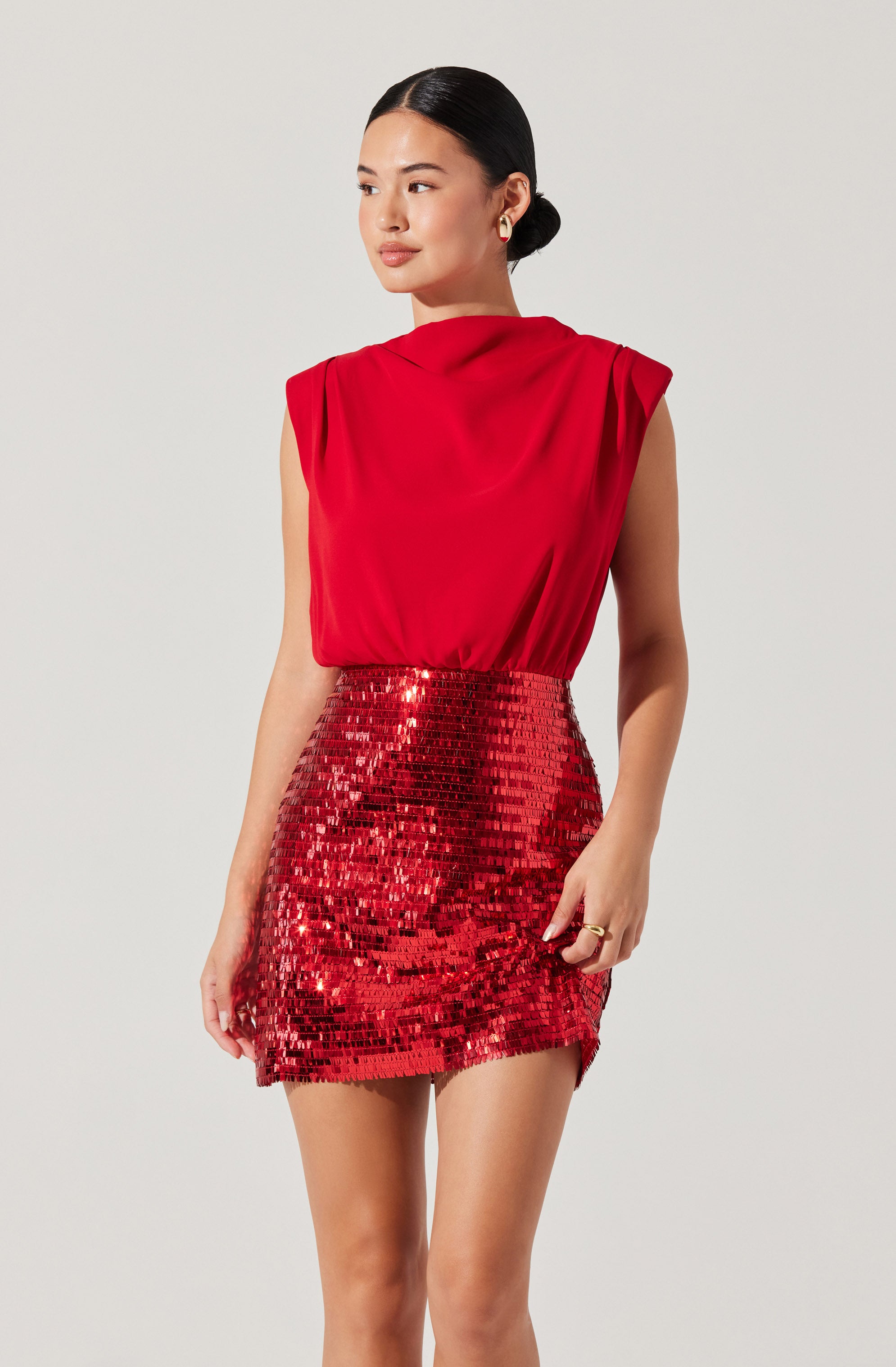 Sequin Mixed Media Mini Dress-Aljck