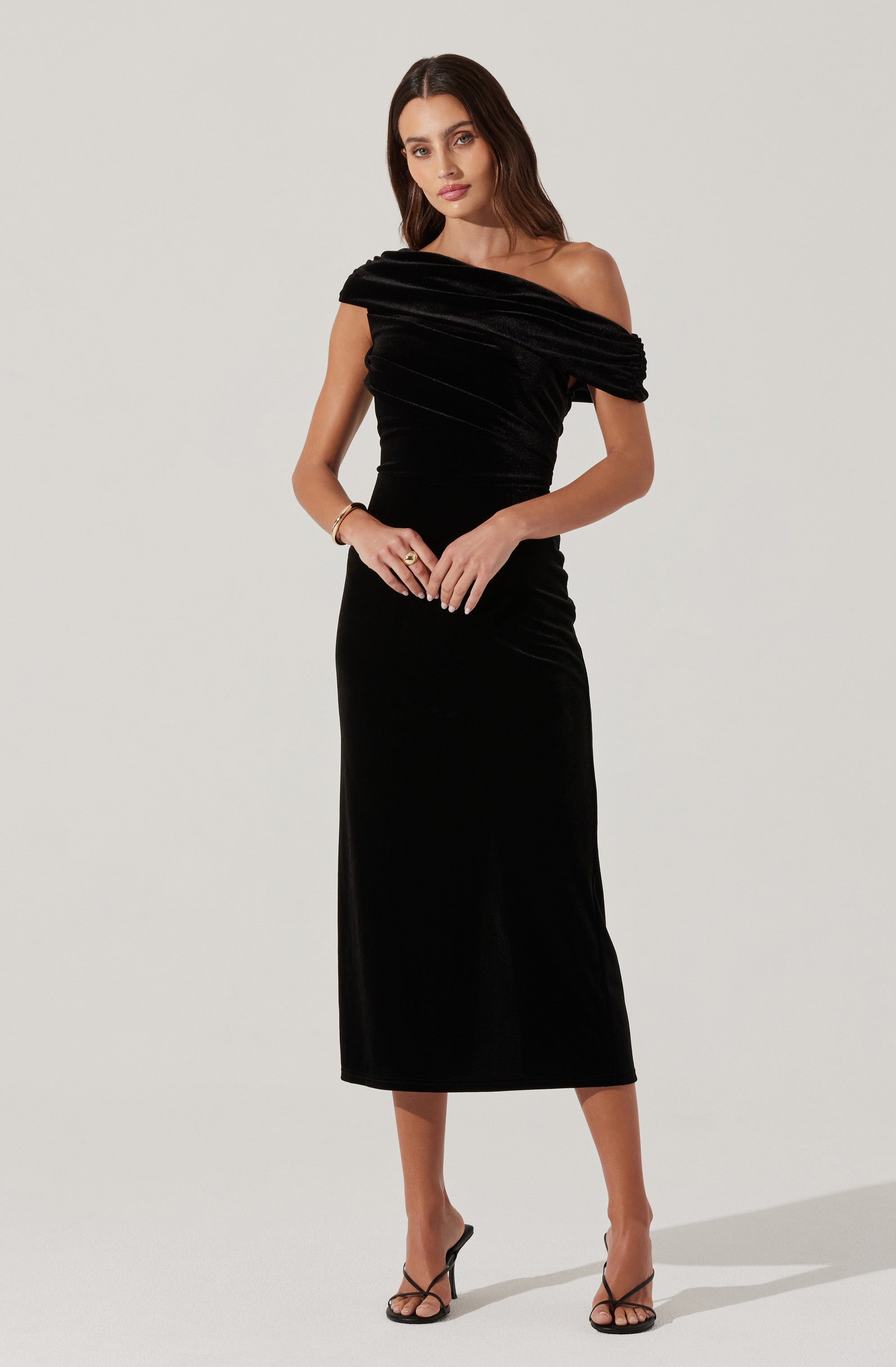 Velvet Off Shoulder Midi Dress-Aljck