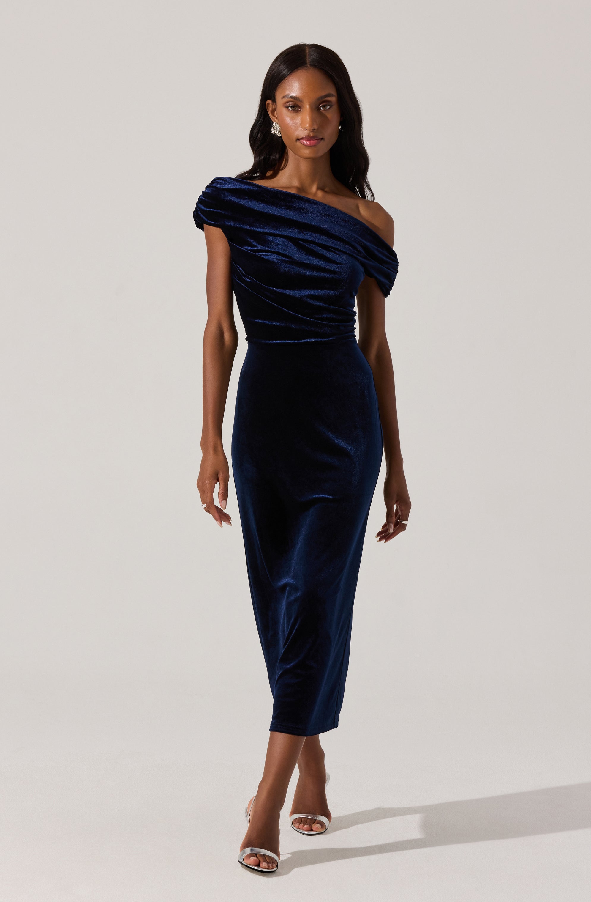 Velvet Off Shoulder Midi Dress-Aljck