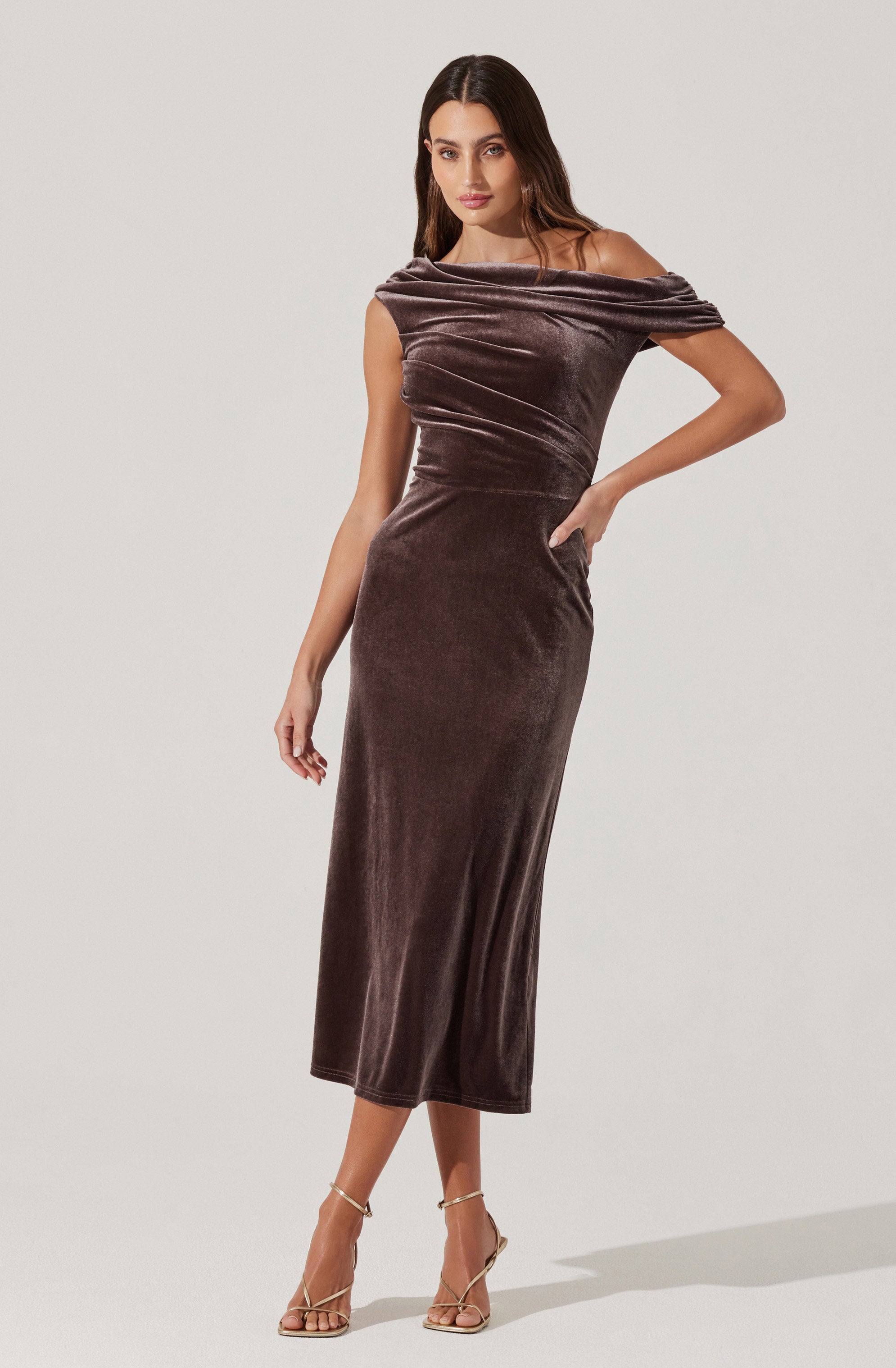 Velvet Off Shoulder Midi Dress-Aljck